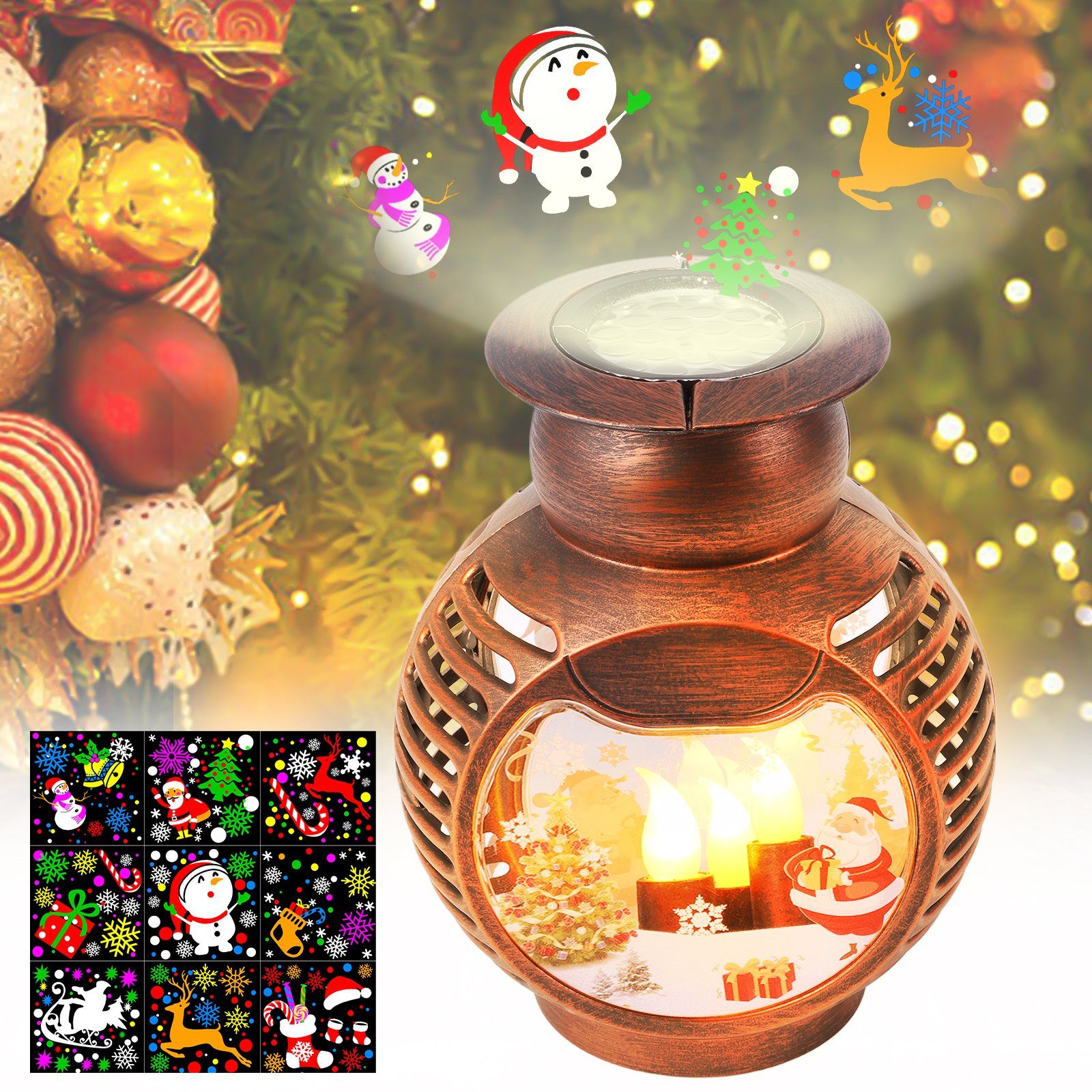 MUPOO Projektionslampe LED Projektor Weihnachtsdeko LED Laterne Projektorlicht,16 Muster, Flamme,6W, LED Dekolicht USB-Stecker/Batterie, Projektionsfläche: 5-15, Weihnachtsdeko weihnachtliche Schütteldeko