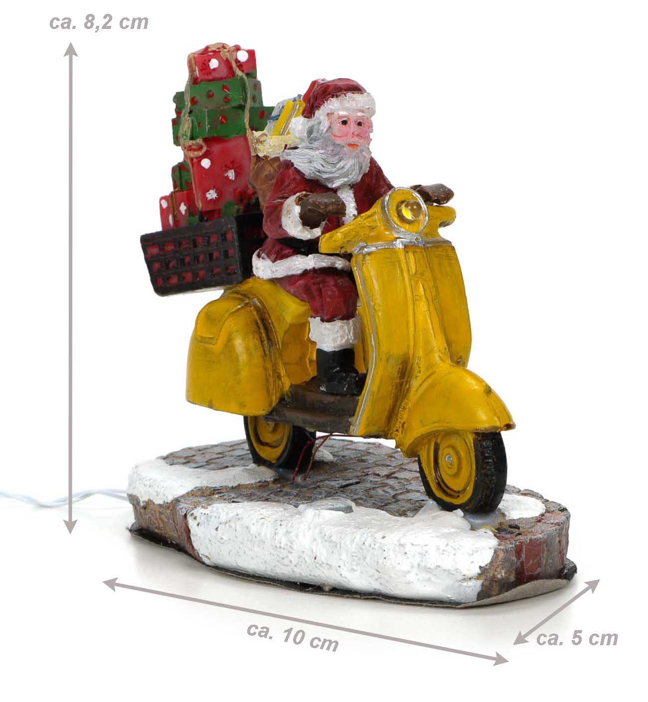 LuVille Weihnachtsfigur Retro-Weihnachtsmann mit Geschenken auf Motorroller (handbemalte freistehende Weihnachtsfigur), Weihnachtsfigur