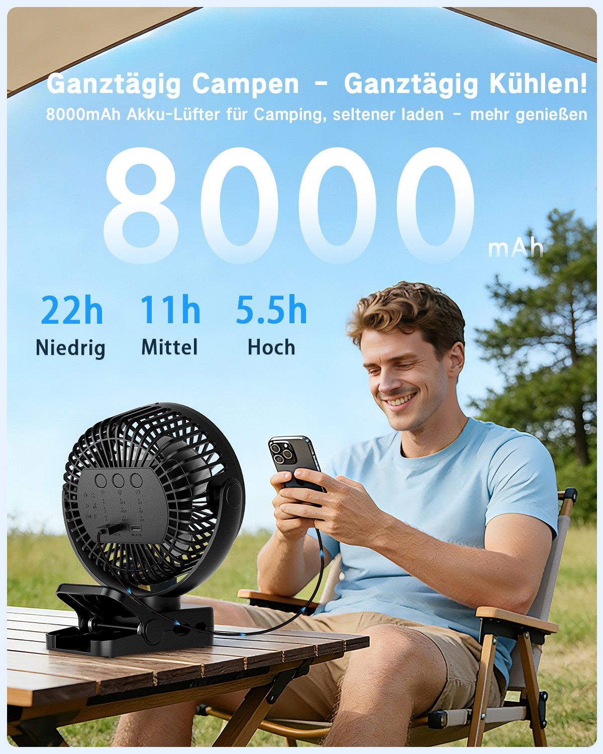 skelo Tischventilator USB Tischventilator Leise mit 8000mAh Akku, Clip Camping Ventilator, Mit Fernbedienung, Licht & Timer (2/4/6h), 360° drehbar, 3 Windstufen