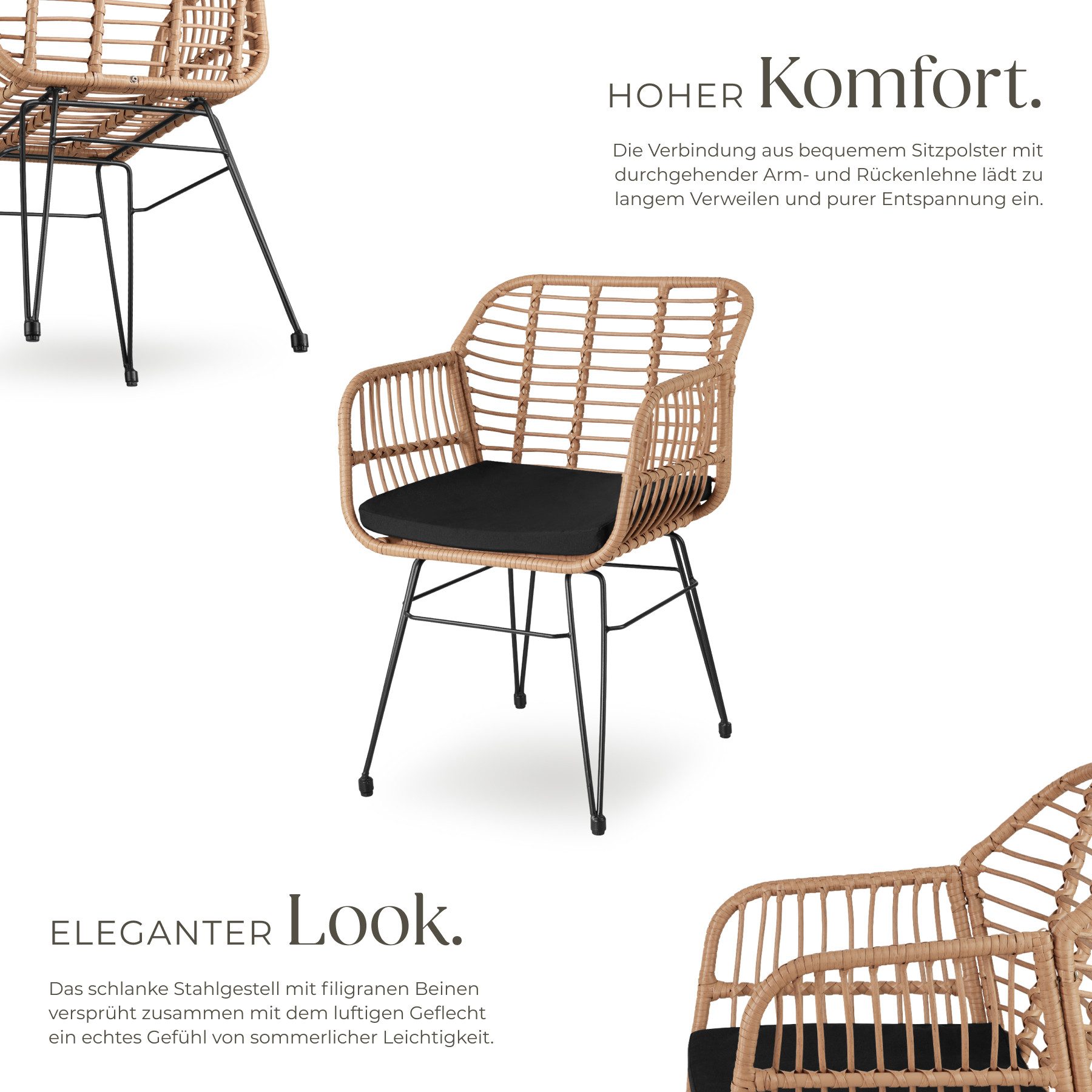 tectake Sitzgruppe Rattan-Gartenlounge für 2 Personen, filigranes Design, (Loungeset Molfetta, 3-tlg., für Außen in Naturfarben), widerstandsfähig, UV-beständig, mit Sicherheitsglasplatte