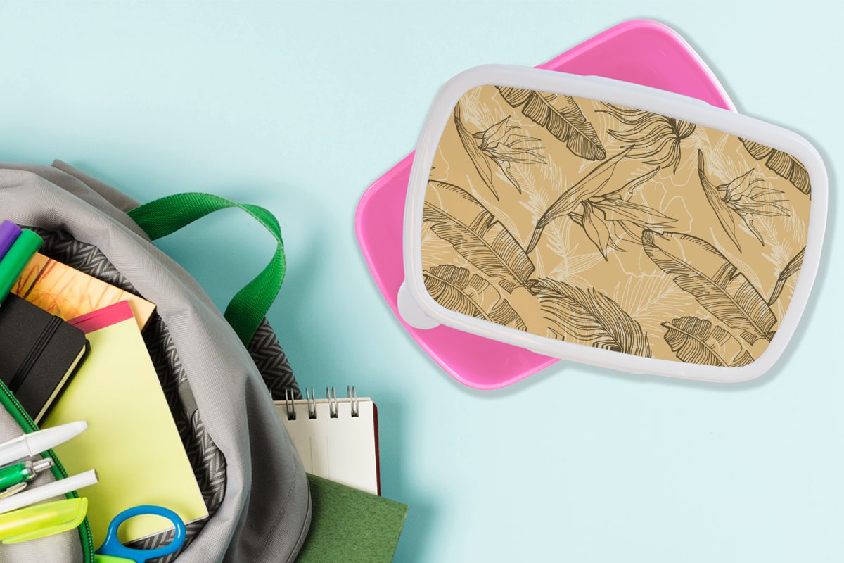 MuchoWow Lunchbox Tropisch Snackbox, rosa Brotbox - für Blätter - Mädchen, Hawaii, Erwachsene, Kunststoff Kinder, Sommer Brotdose Kunststoff, (2-tlg), 