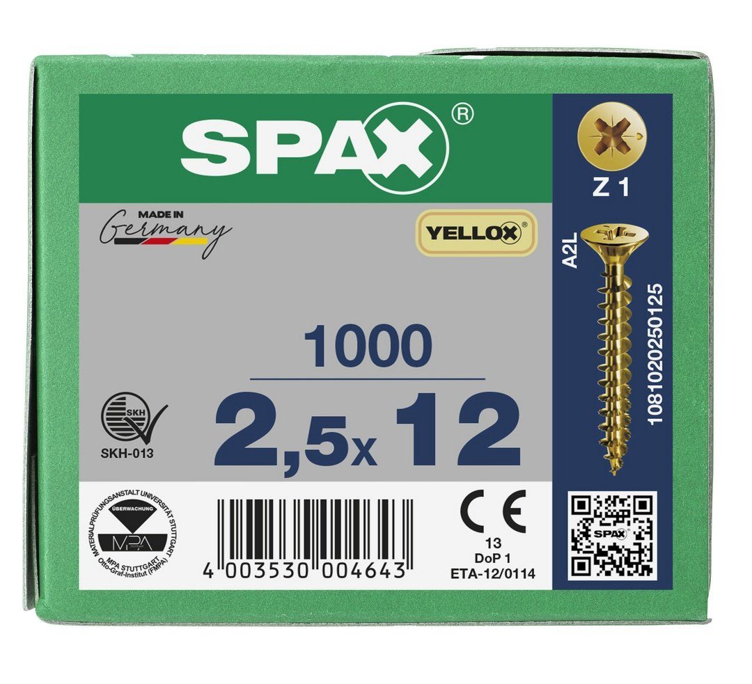 (Stahl SPAX 1000 verzinkt, mm St), Spanplattenschraube gelb 2,5x12 Universalschraube,