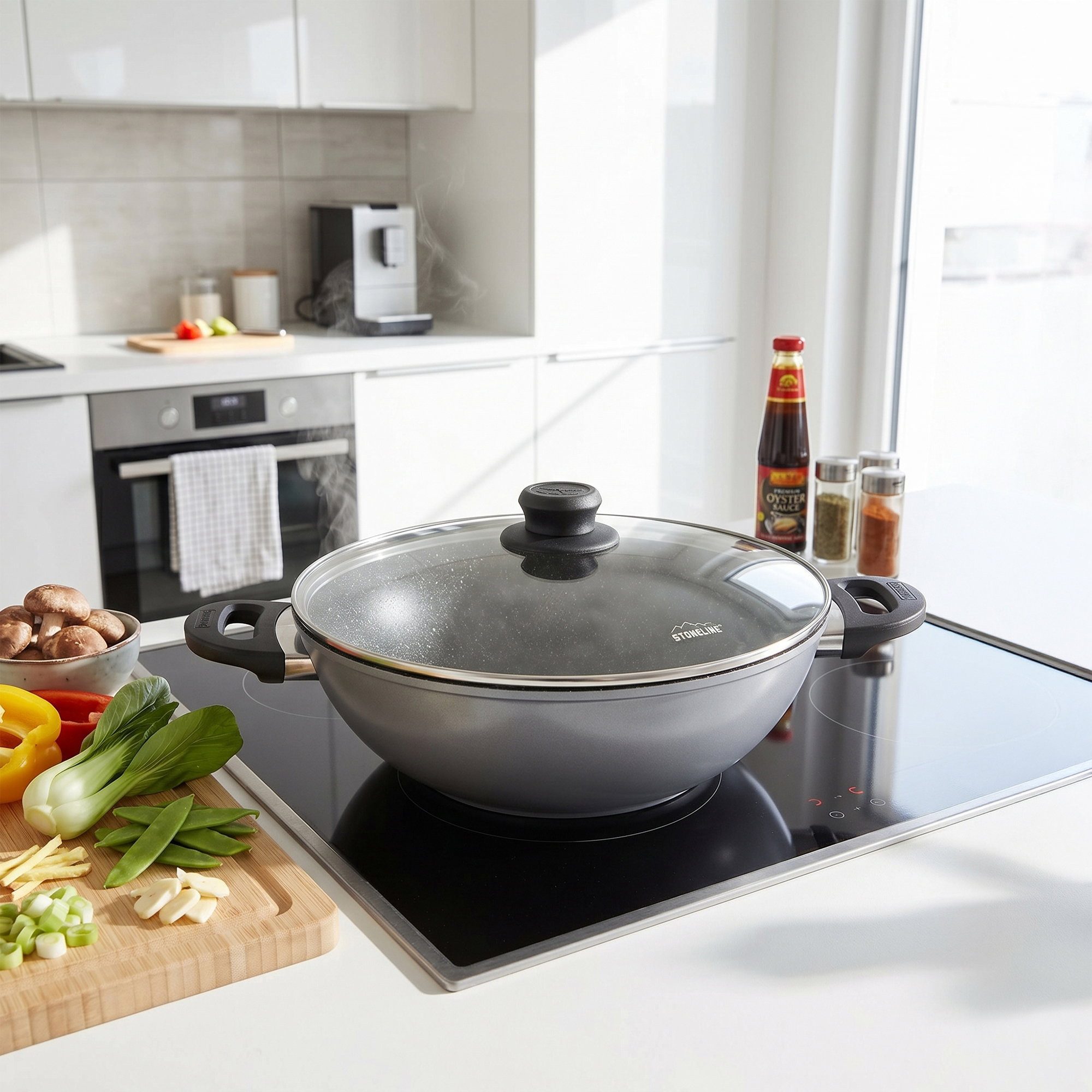 STONELINE Wok, Aluminiumguss (2-tlg), mit echten Steinpartikeln, induktionsgeeignet, Designed in Germany