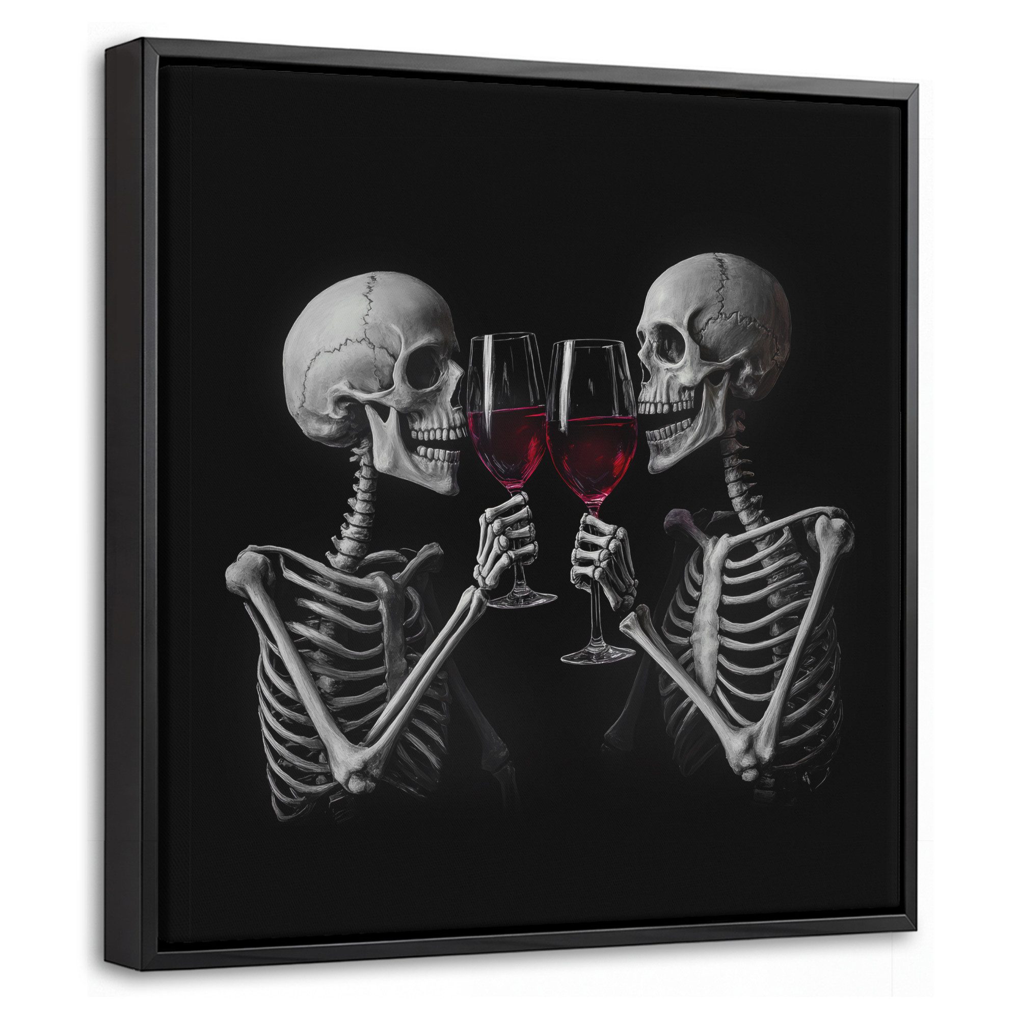 OneMillionCanvasses® Leinwandbild mit Rahmen - Skelette - Wein - Prost - Totenkopf - Schwarz, Fotodruck (1 St), Leinwand Bilder Klein, Wand Dekoration Aesthetic 20x20cm