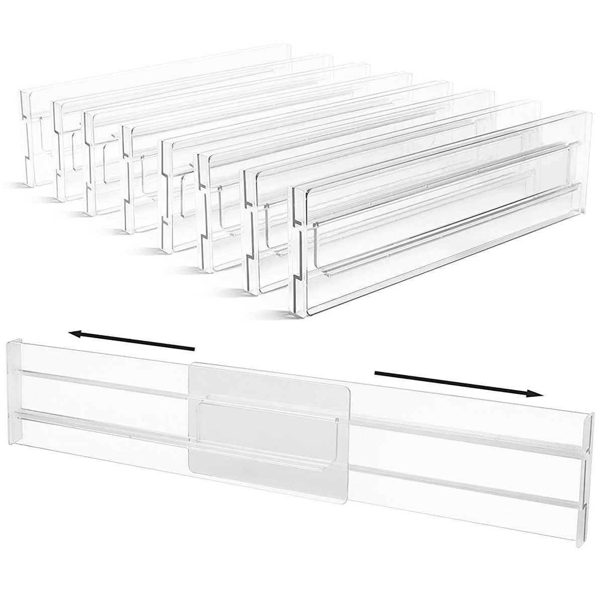 Novzep Schubladeneinsatz Schubladenteiler-Organizer, 8 Stück, erweiterbar von 27,9–52,7 cm, Küchenschubladen-Organizer,durchsichtige Schubladenteiler Kunststoff