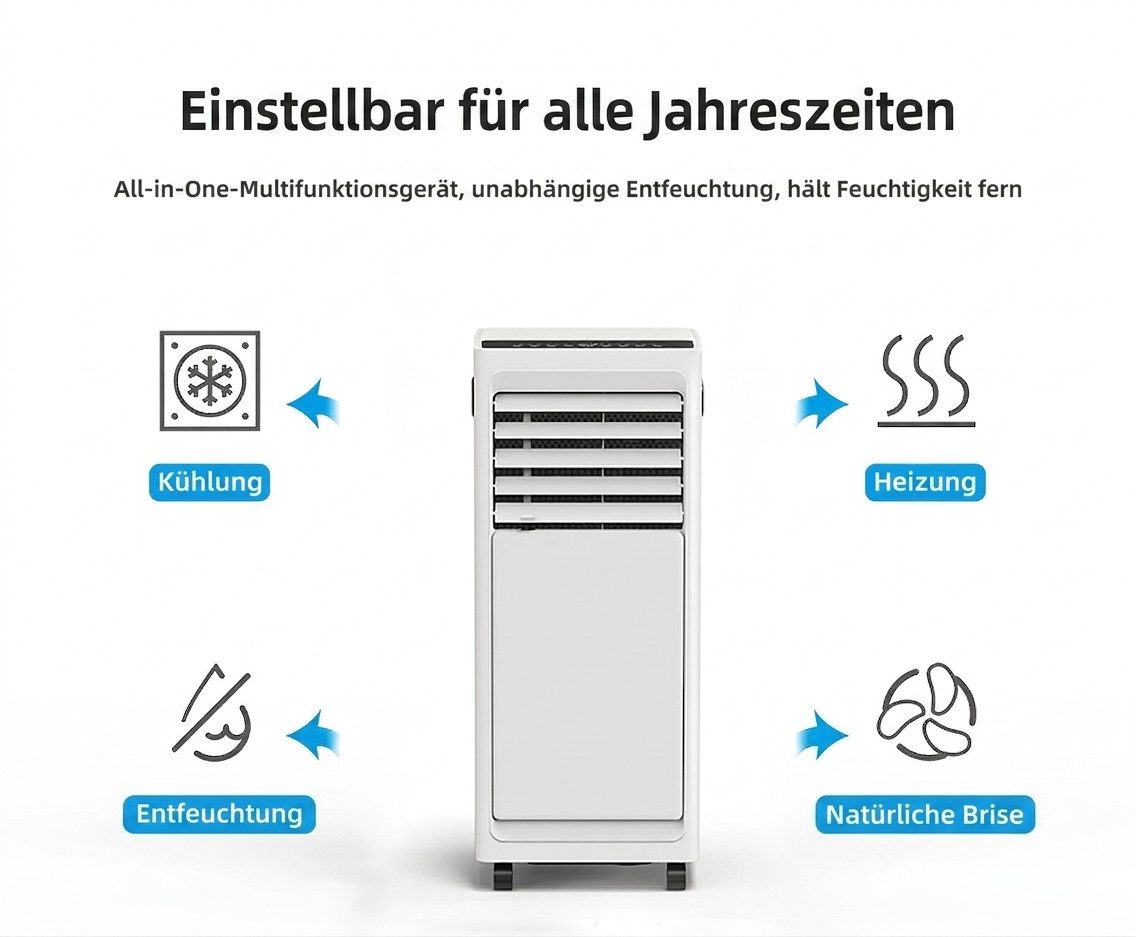 Rolipo Klimagerät Luftkühler 9000BTU 4-in-1 Entfeuchten Ventilieren mobiles Klimaanlage, Fernbedienung & 24h Timer, leise Klima für Wohnung Büro Schlafzimmer