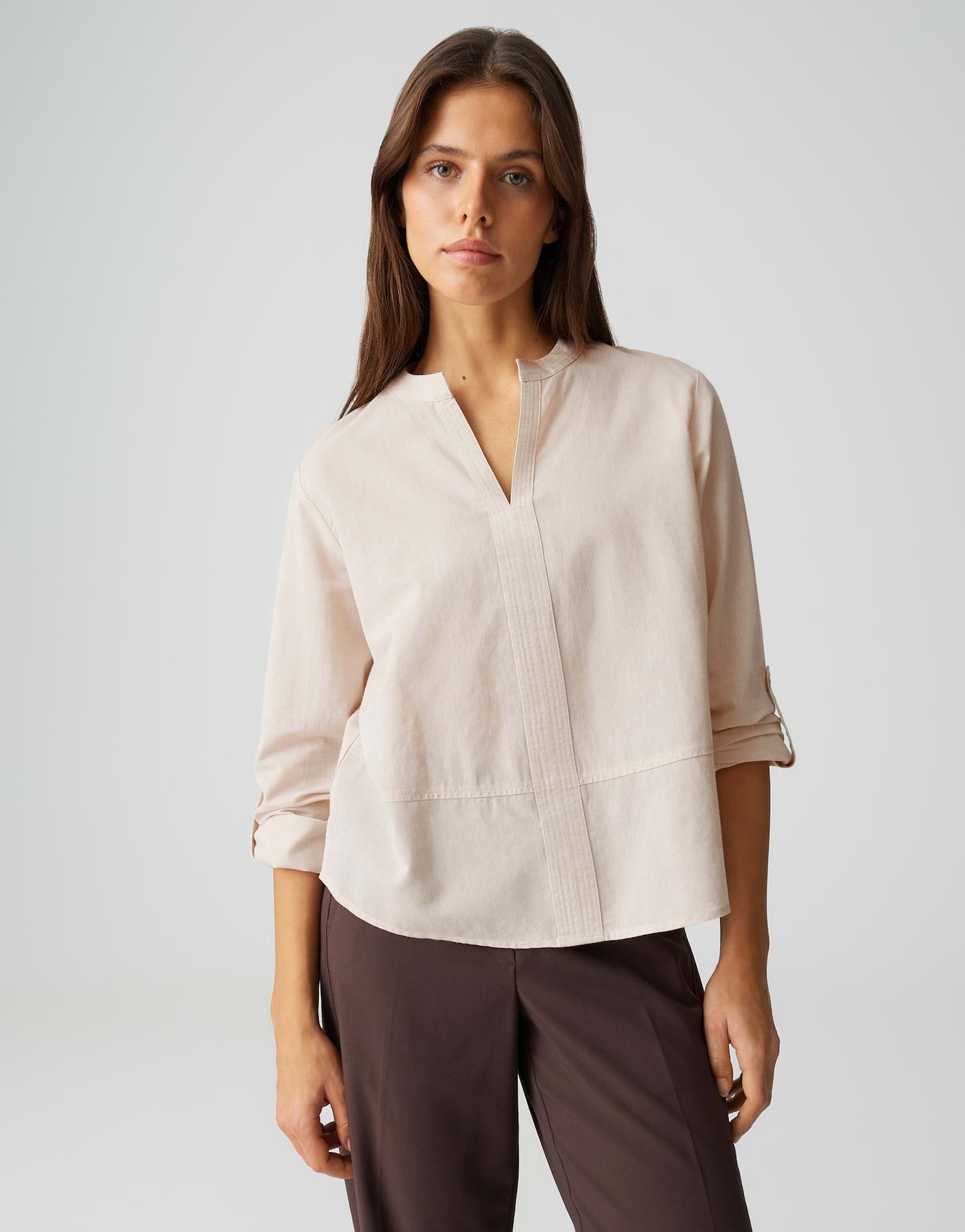 OPUS Langarmbluse Feminine Tunikabluse im Baumwoll-Leinen-Mix Lockere Passform, Aufschlag mit Riegel an den Ärmeln