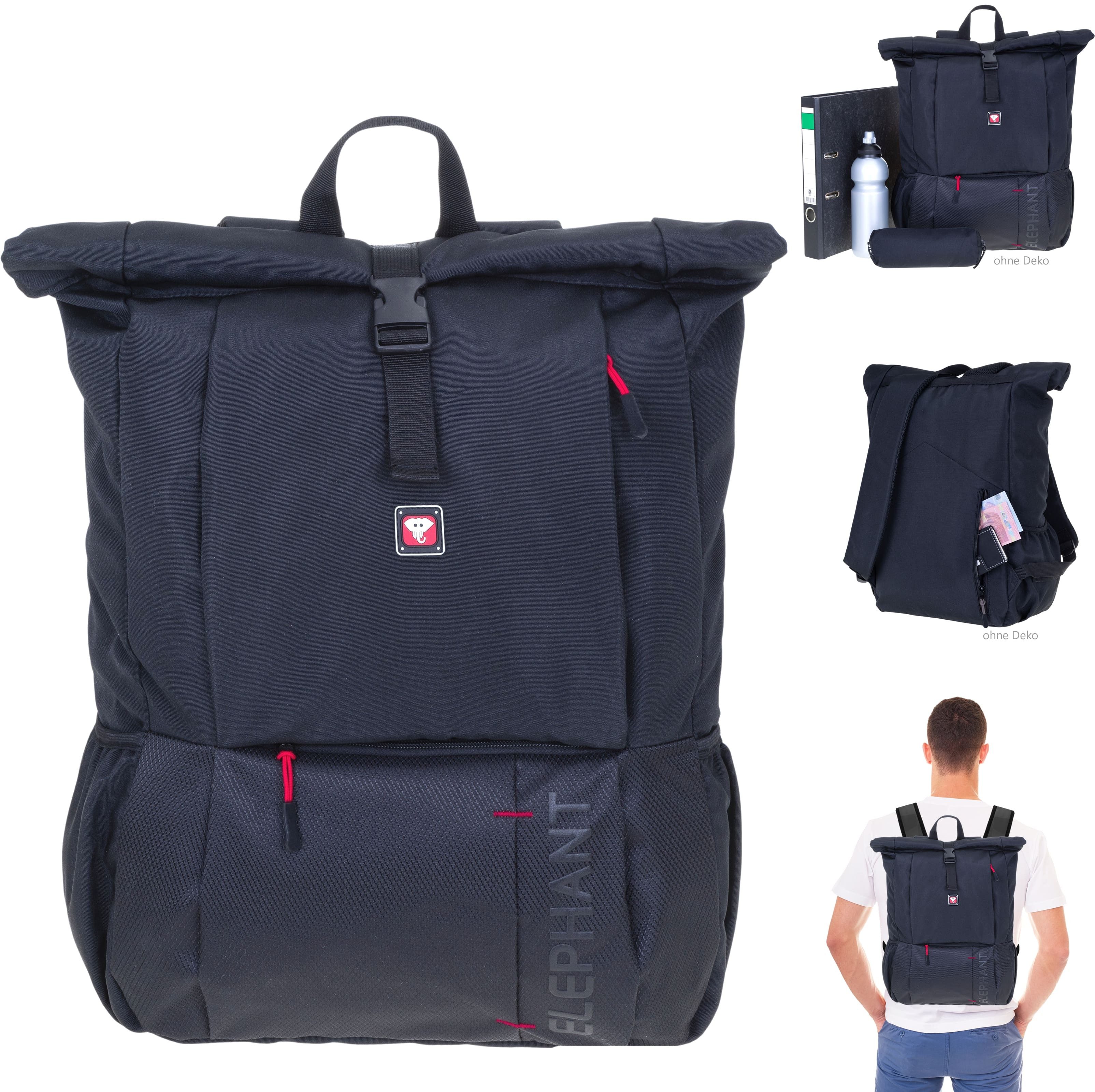 ELEPHANT Laptoprucksack Rucksack Laptop Daypack Büro Reise Handgepäck DIN A4, Geheimfach Anti Theft Kurierrucksack Rolltop Bag Dark 3626 + Flasche