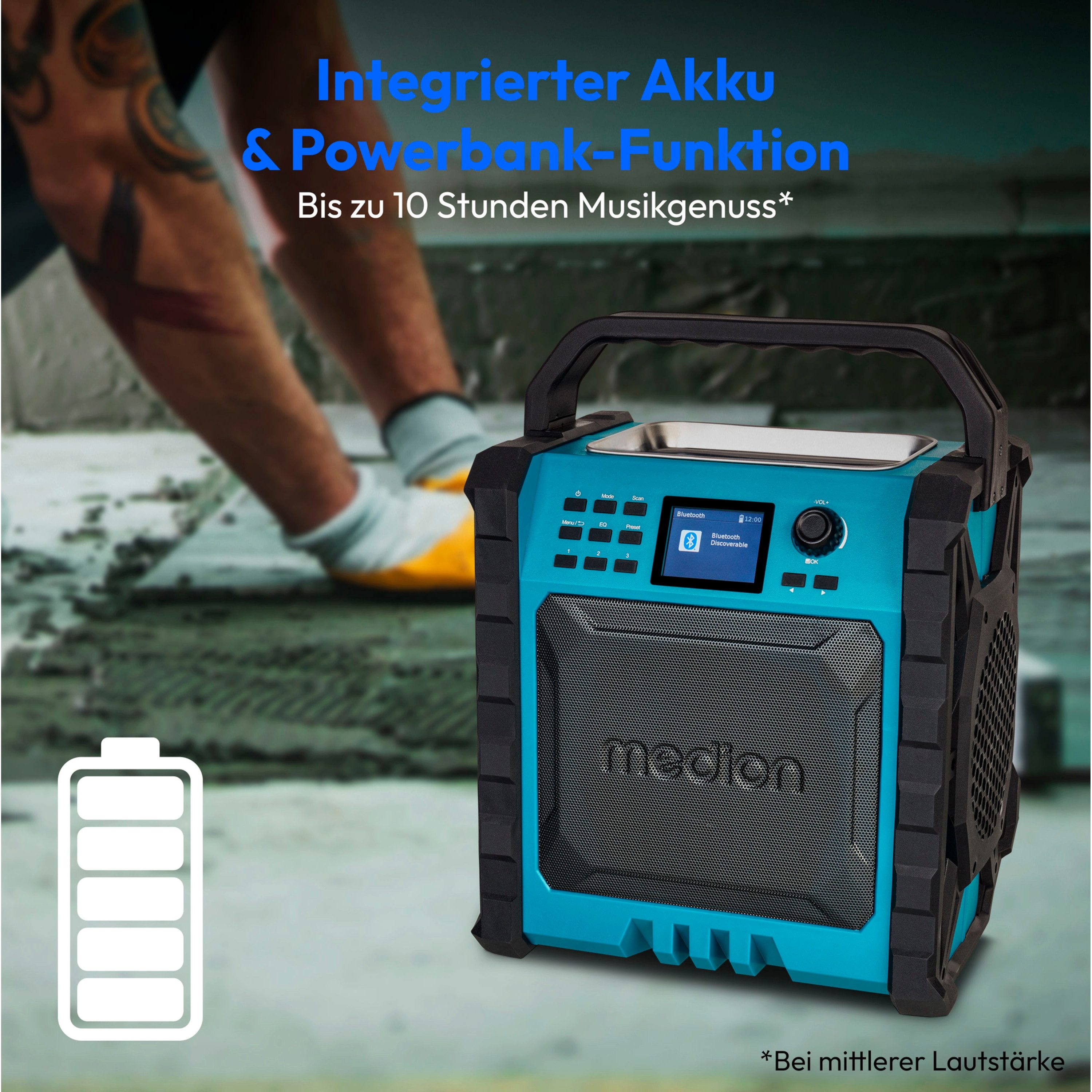 Medion® Baustellenradio MEDION® LIFE® P66896 (MD43896) Baustellenradio (DAB+, MW/UKW, AM/FM, 30 W, ca.10 Std. Akkulaufzeit, Powerbank-Funktion,IP54-Schutz, Bluetooth 5.3)