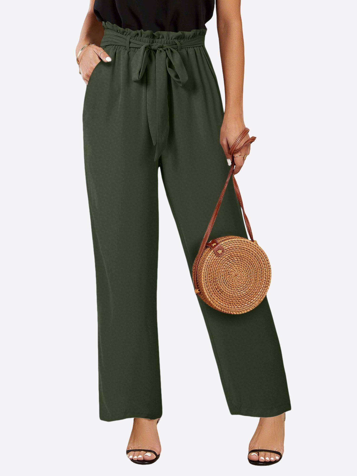 Imily Bela Palazzohose Damen Hochtaillierte Hose mit Bindegürtel (Packung, 1-tlg., 1per-Pack) Einfarbig