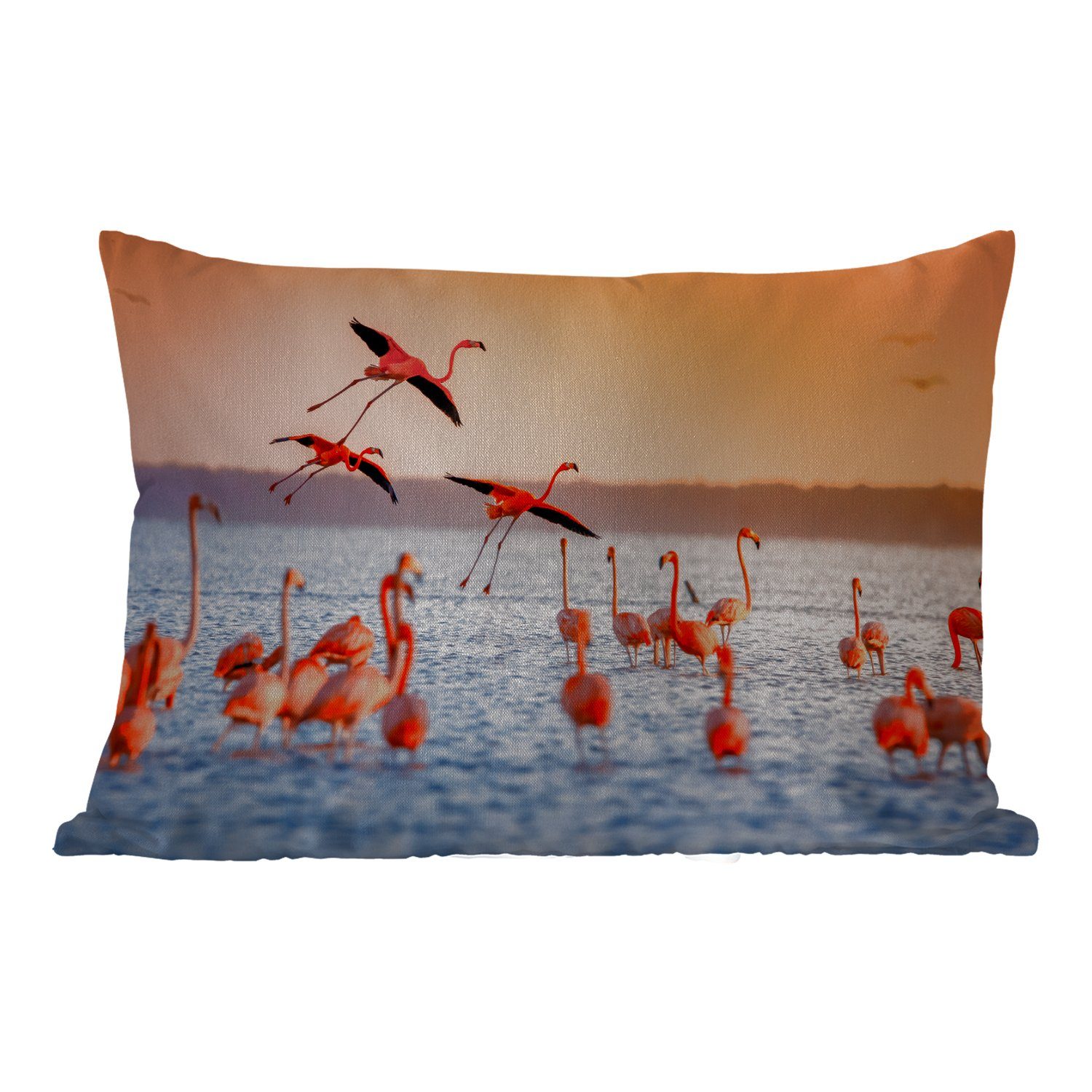 MuchoWow Dekokissen Vogel - Flamingo - Wasser - Sonnenuntergang - Rosa, Outdoor-Dekorationskissen, Polyester, Dekokissenbezug, Kissenhülle