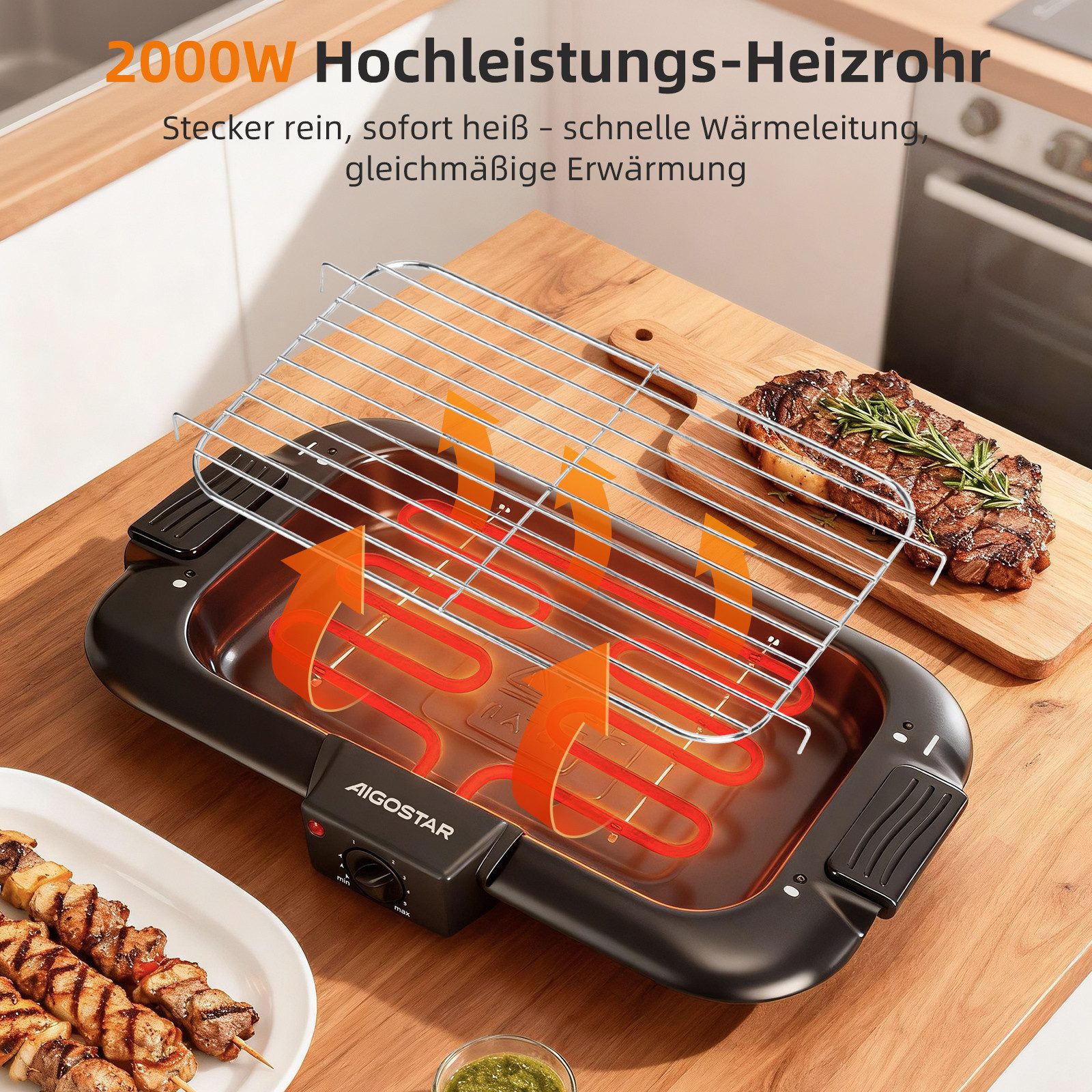 Aigostar Tischgrill Rauchfreier Tischgrill Barbecue Elektrogrill Elektrischer BBQ 2000 W, 2000 W