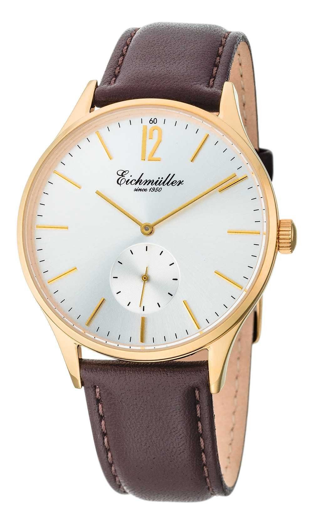 Eichmüller Quarzuhr Herrenuhr Vergoldet Lederband Braun 41 mm 3036-06, – Elegante Armbanduhr für Herren mit edlem Design