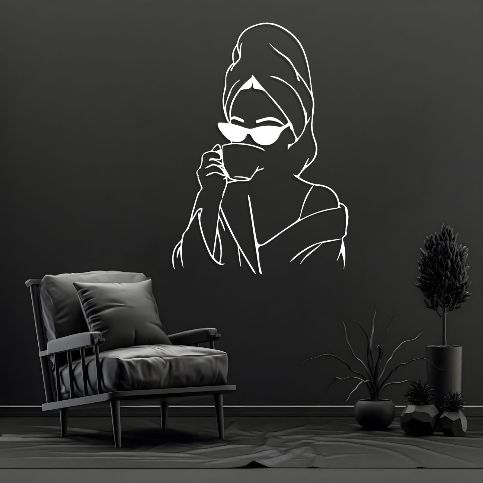 Jumpeak Wanddekoobjekt Wanddekoration “Bademantel für Damen”, Sonnenbrille, Kaffeetasse, Linien, Metall, 4 Farben, 3Größen, Wanddekoration für das Wohnzimmer,Trendig