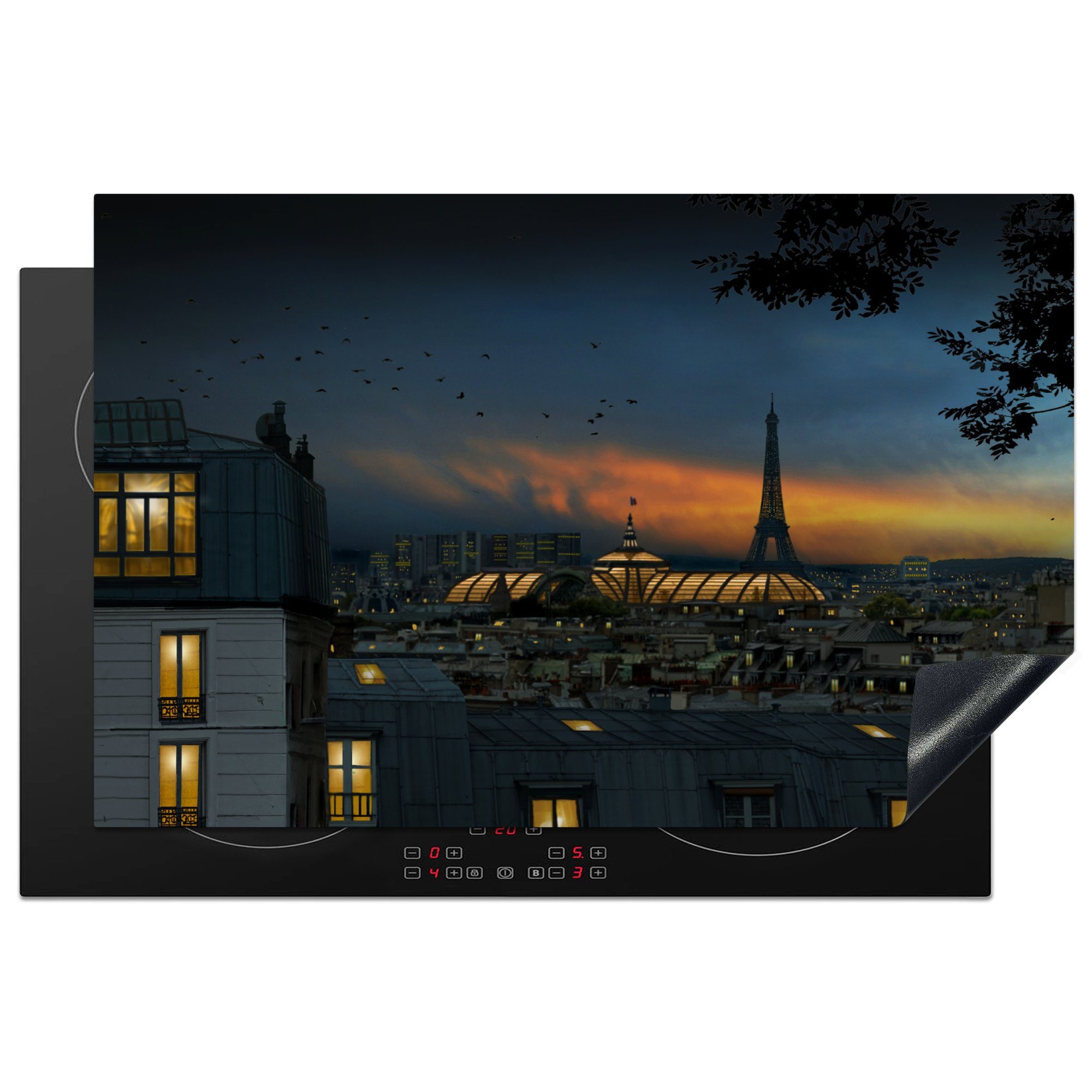 MuchoWow Herdblende-/Abdeckplatte Paris - Luft - Nacht, Vinyl, (1 tlg), 81x52 cm, Induktionskochfeld Schutz für die küche, Ceranfeldabdeckung