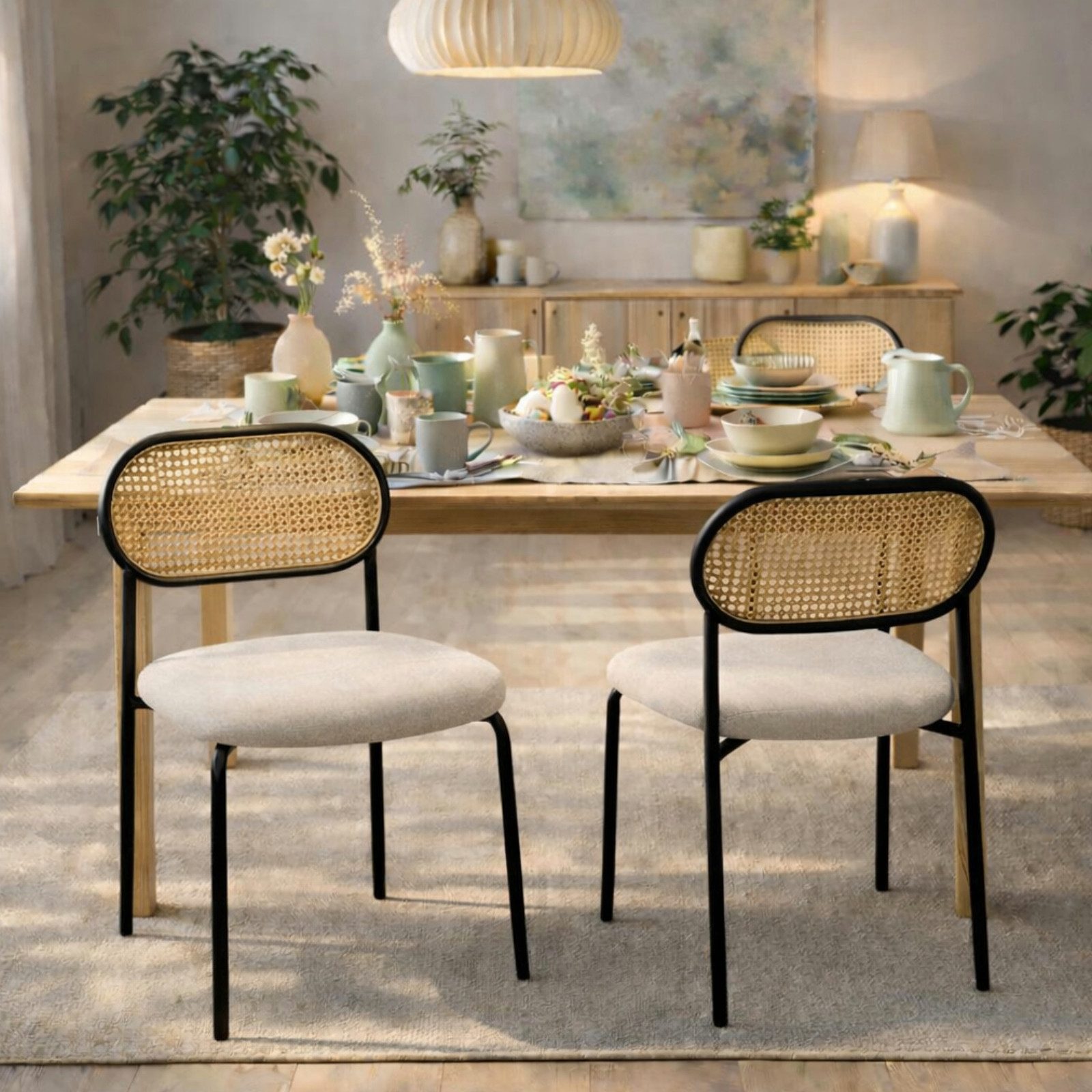 HAGO Esszimmerstuhl 2er Set Küchenstuhl Esszimmerstuhl Polsterstuhl Rückenlehne Rattan