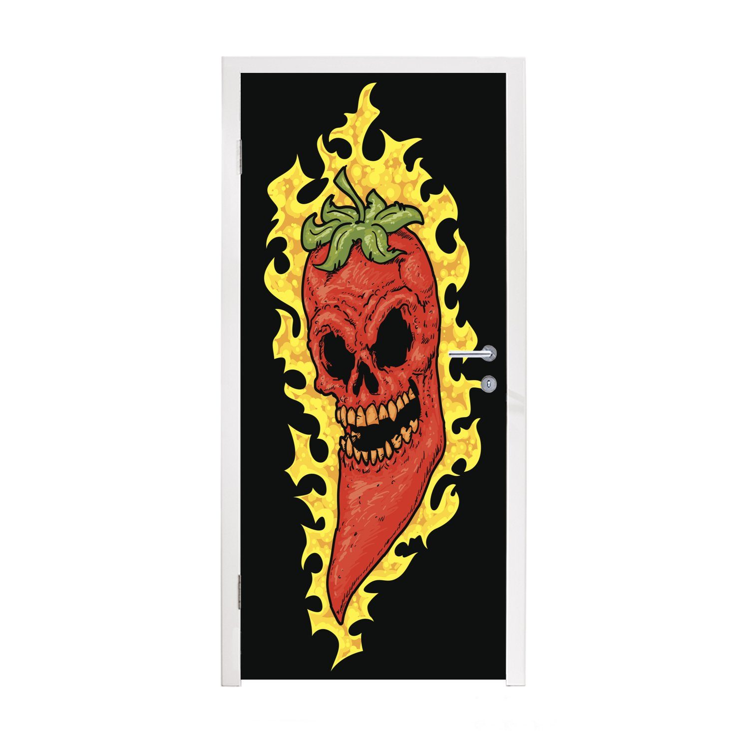 MuchoWow Türtapete Eine Jalapeño mit einem Totenkopfgesicht, Matt, bedruckt, (1 St), Fototapete für Tür, Türaufkleber, 75x205 cm