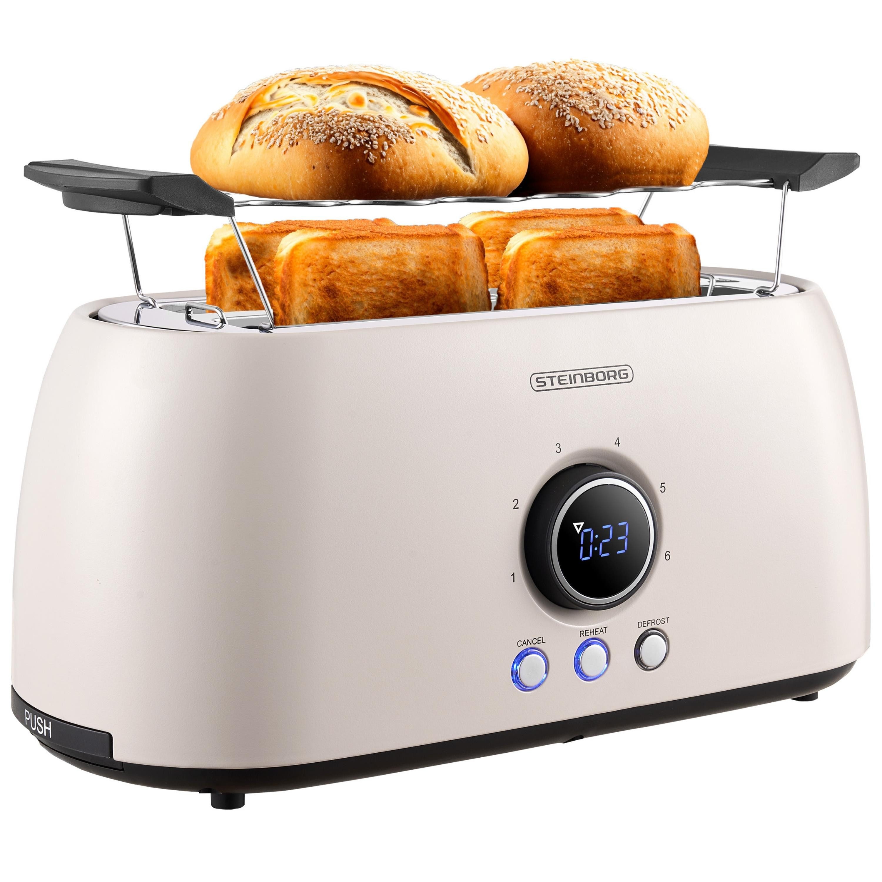 STEINBORG Toaster SB-2214, 2 lange Schlitze, für 4 Scheiben, 1500 W, Edelstahl Gehäuse,Brötchenaufsatz,Krümelschublade,LED Display