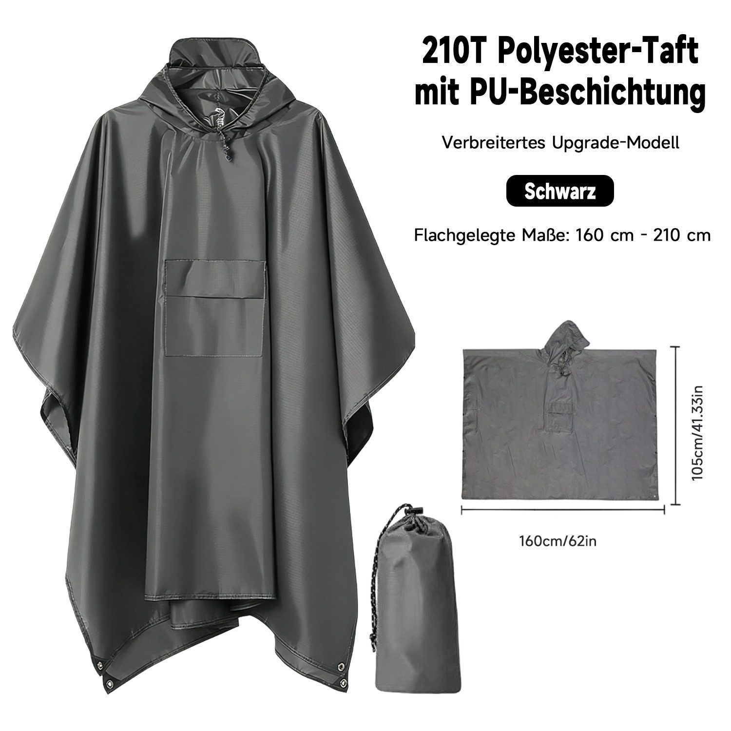 MOPUEA Regenmantel Regenponcho Regenjacke Wasserdicht Größe Regenponcho160×210 cm (Leicht, Faltbar) 3-in-1 Outdoor Poncho mit Kapuze und Tasche