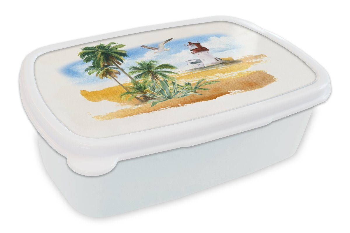 MuchoWow Lunchbox Leuchtturm - Palme - Strand, Kunststoff, (2-tlg), Brotbox für Kinder und Erwachsene, Brotdose, für Jungs und Mädchen weiß