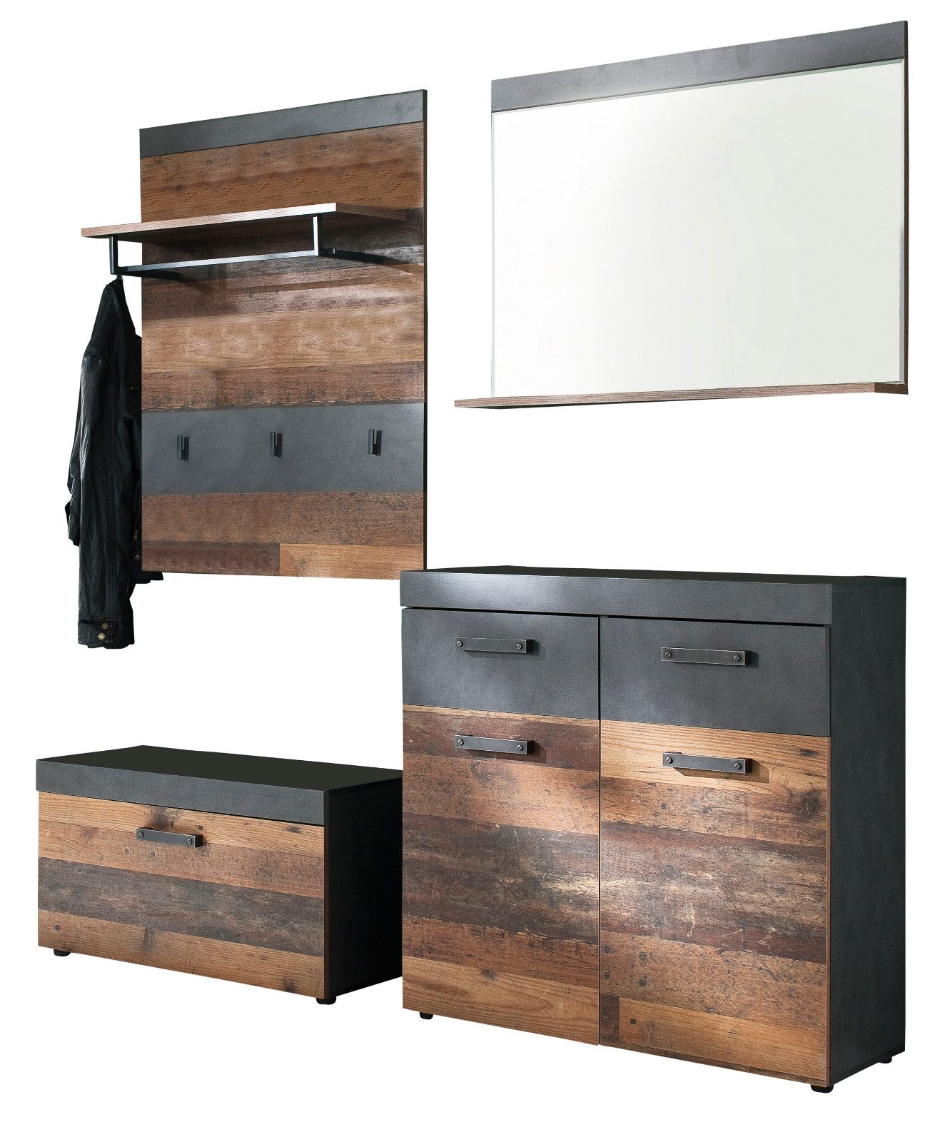 Inn.Furn Garderoben-Set Indy, (in Used Wood mit grau, 3-St., 185 x 192 cm), in Altholz-Optik