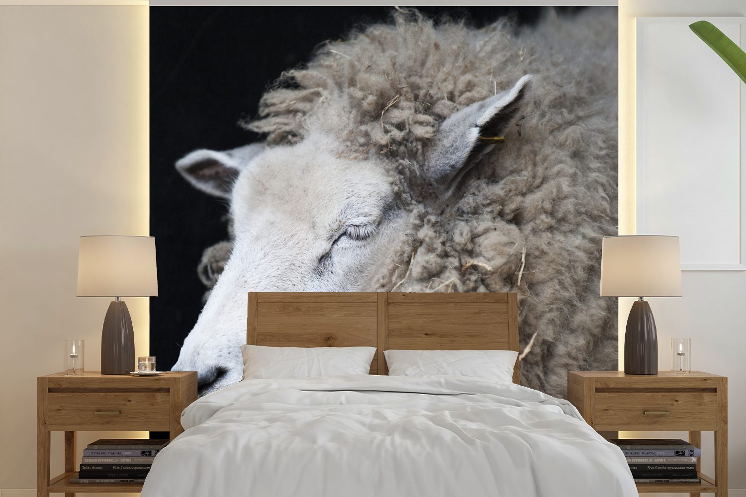 MuchoWow Fototapete Schafe - Stroh - Schlaf, Matt, bedruckt, (5 St), Vinyl Tapete für Wohnzimmer oder Schlafzimmer, Wandtapete