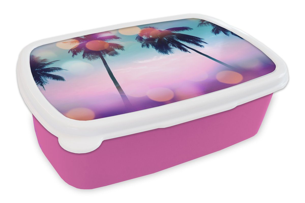 MuchoWow Lunchbox Sommer - Palmen - Himmel - Rosa, Kunststoff, (2-tlg), Brotbox für Erwachsene, Brotdose Kinder, Snackbox, Mädchen, Kunststoff
