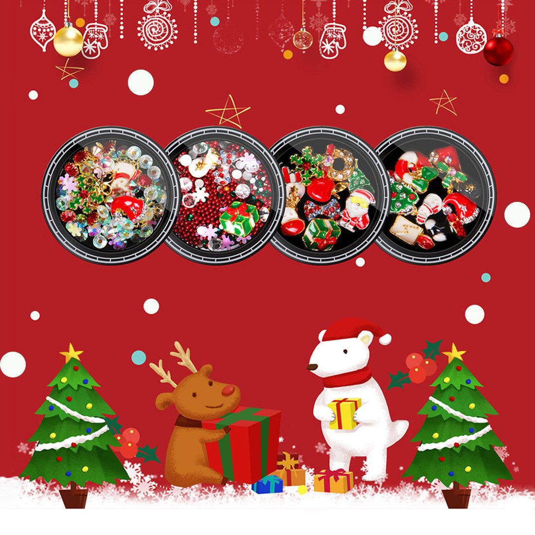 Nageldesign Zubehör 4-Boxen von Weihnachten Nail Art Strass 3D Nageldekoration Produkte