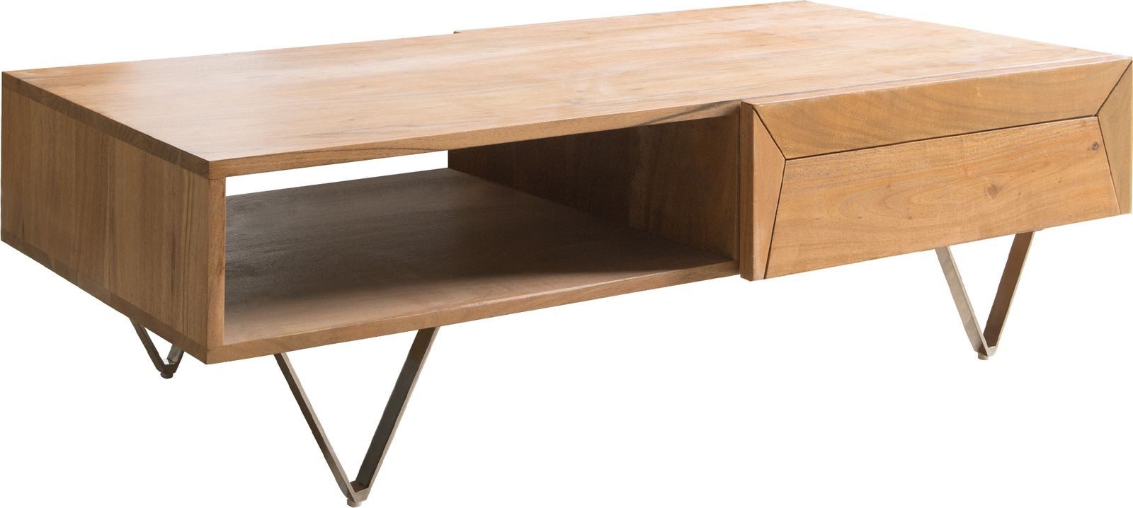 DELIFE Couchtisch Kayu, Akazie Natur 115x60 cm 2 Schübe V-Fuß Edelstahl Couchtisch