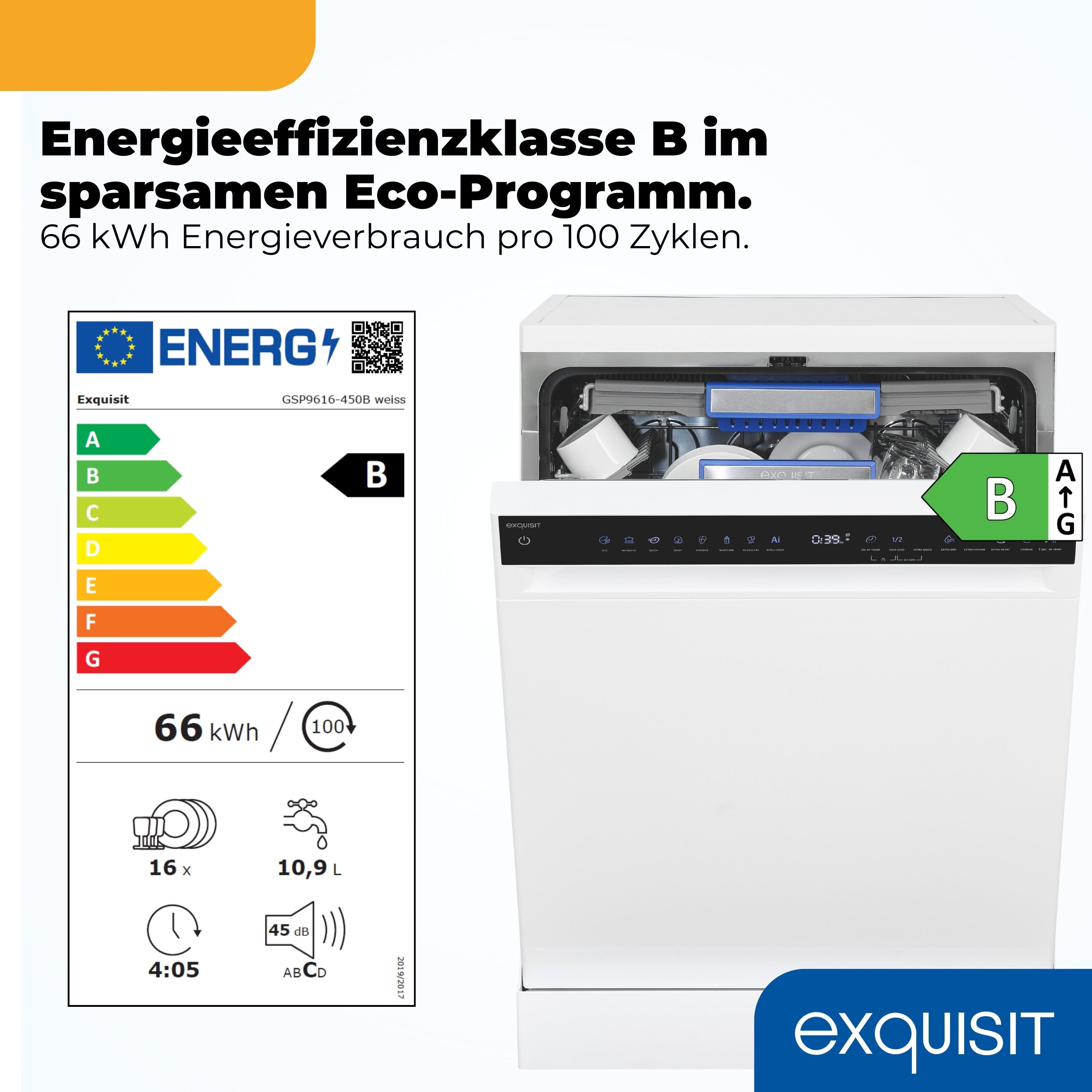 exquisit Standgeschirrspüler 9616 GSP9616-450B weiss, 10,9 l, 16 Maßgedecke, 16 Maßgedecke & flüsterleise 44 dB – stark und angenehm ruhig