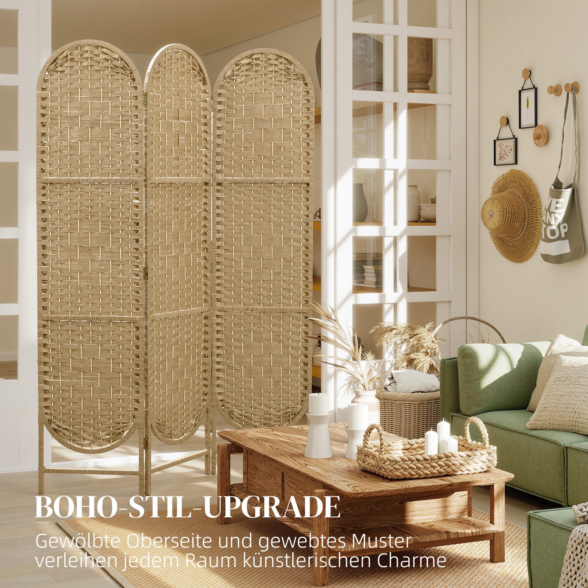 HOMCOM Paravent Freistehend für Wohnräume (Set, 3 St., 3-teilig), 3-teilig, faltbar, Boho, Bogendach – Bild 5 von 5