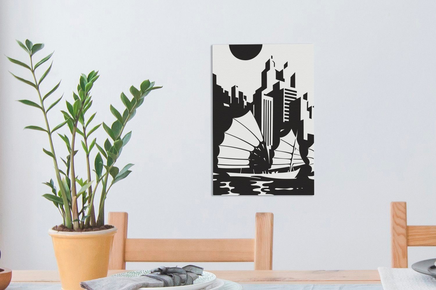 fertig schwarz-weiße OneMillionCanvasses® St), Leinwandbild inkl. einem (1 mit Boot, Illustration Hongkong von bespannt Eine 20x30 cm Gemälde, Leinwandbild Zackenaufhänger,