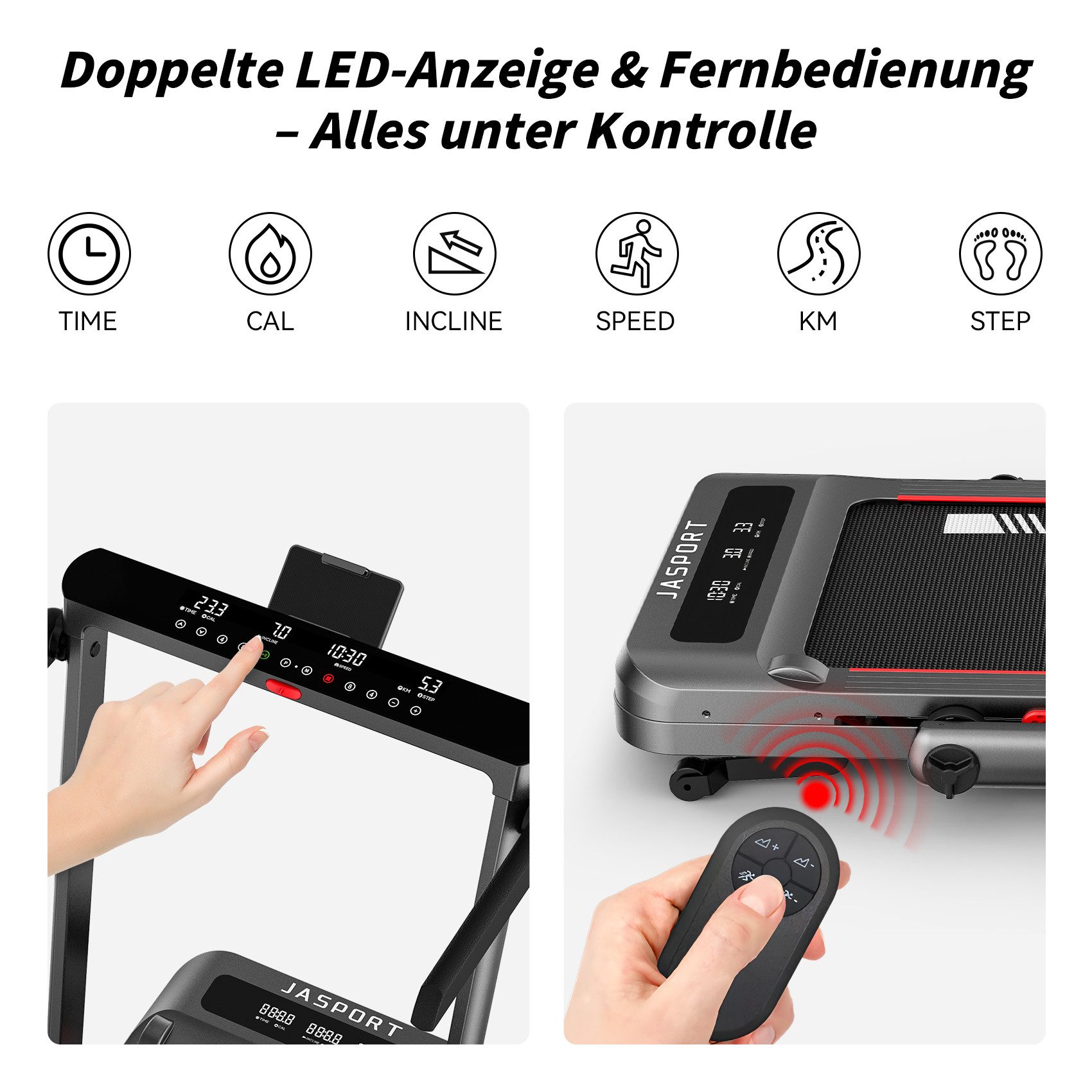 JASPORT Laufband GL3 & GL3H Laufband (Tablet-Halterung, Klappbare Handläufe, Transportrollen), Dual-LED-Anzeige, Leiser 3.0PS Motor, 6-Zonen-Dämpfungssystem