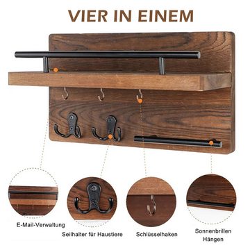 TWSOUL Schlüsselbrett Wandmontierter Schlüsselhalter aus Holz, Mit Lagerregal, Mit vier Haken, 19 x 5 x 32 cm