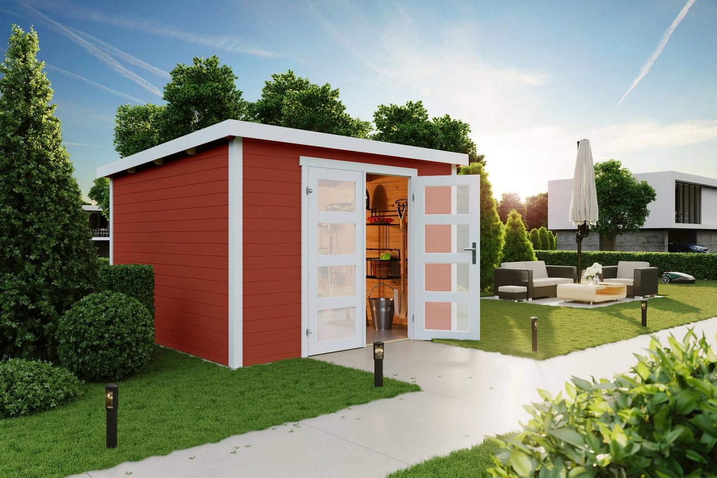 Thumbnail - LASITA MAJA Gartenhaus Zambezi 7, BxT: 320x325 cm, Blochbohlenhaus 28mm, Fundamentmass 3000x3000, Schwedenrot