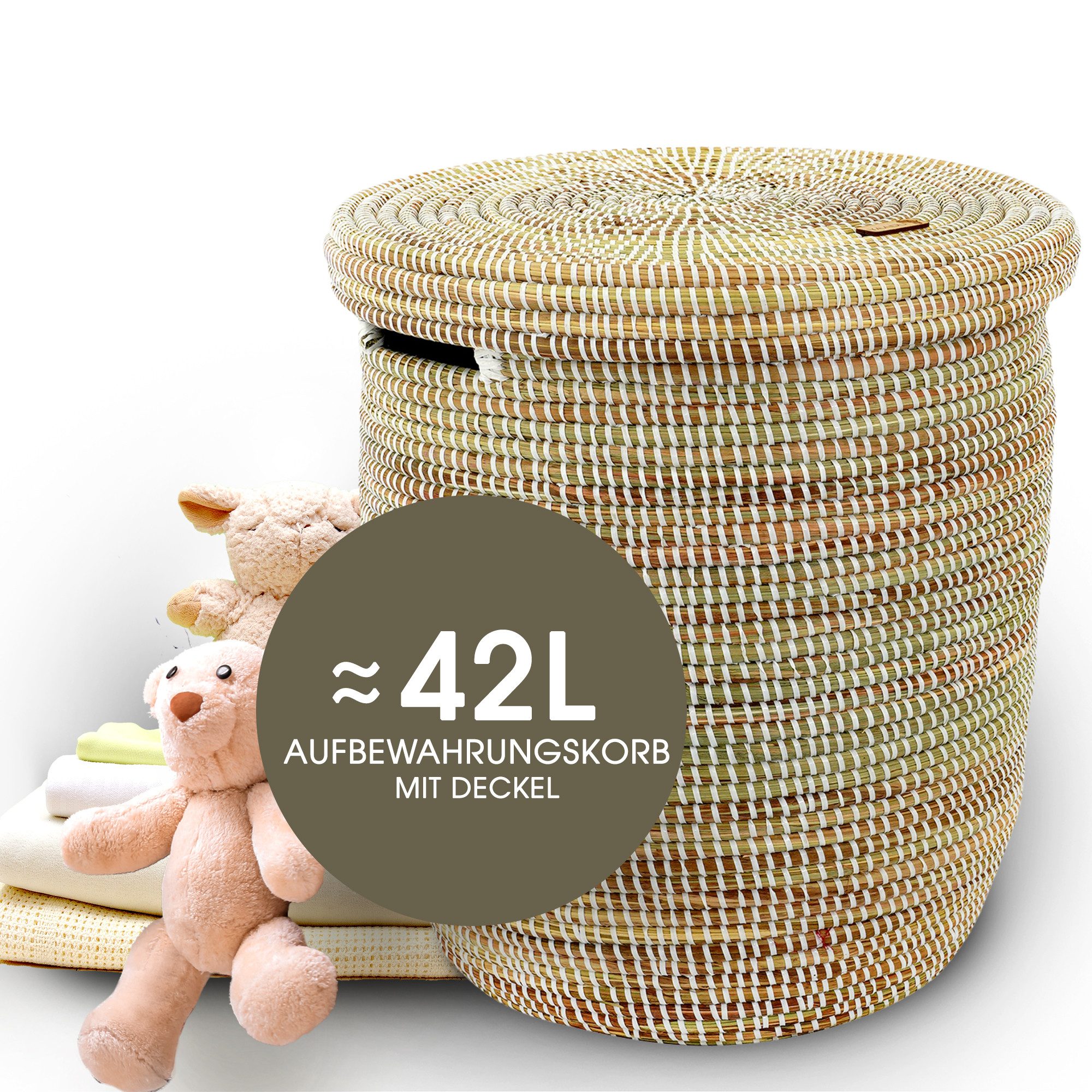YAADU Aufbewahrungskorb mit Deckel 42L, Korb für Kinderzimmer, Wäschekorb geflochten