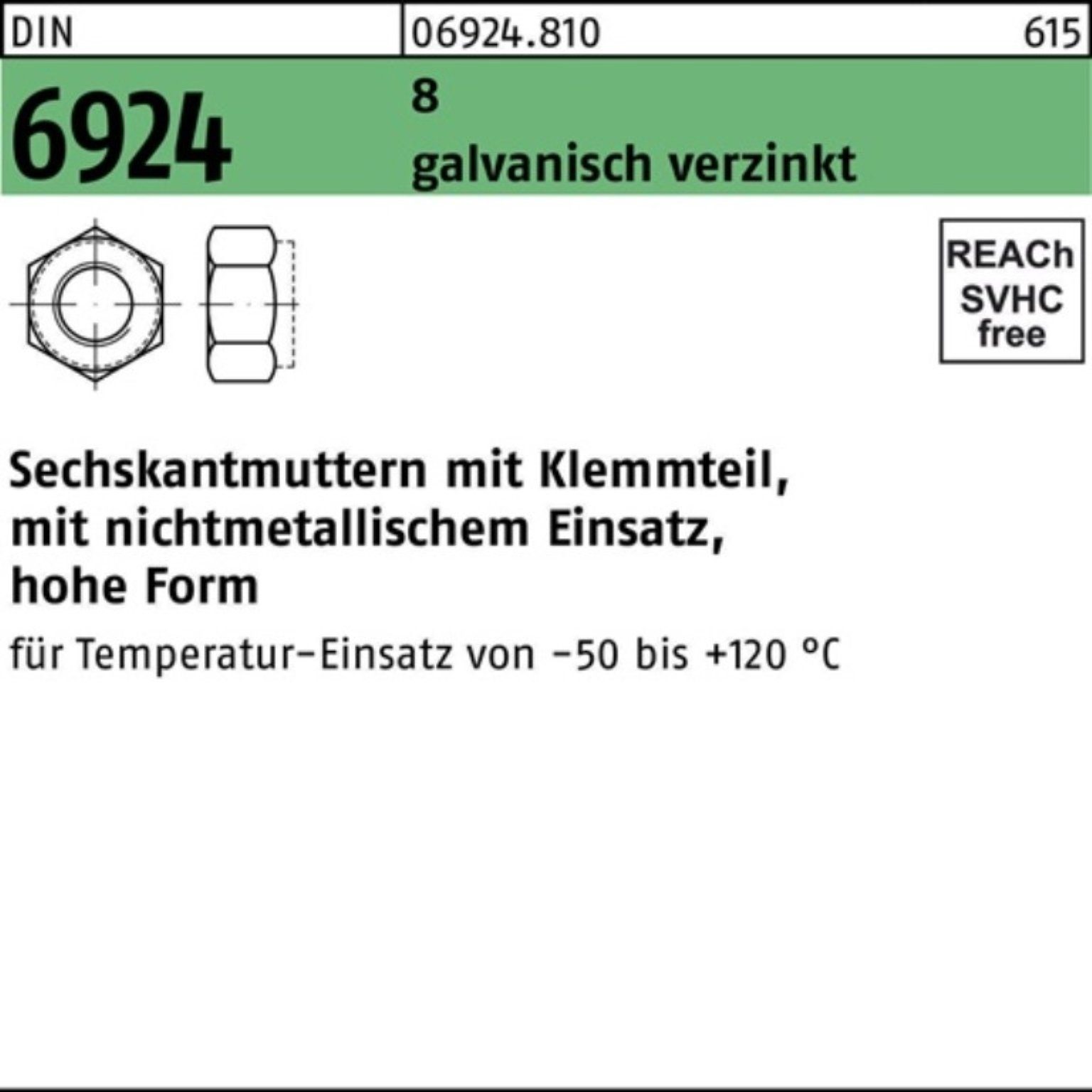 Reyher Muttern 100er Pack Sechskantmutter DIN 6924 Klemmteil M6 8 galv.verz. 100 Stü