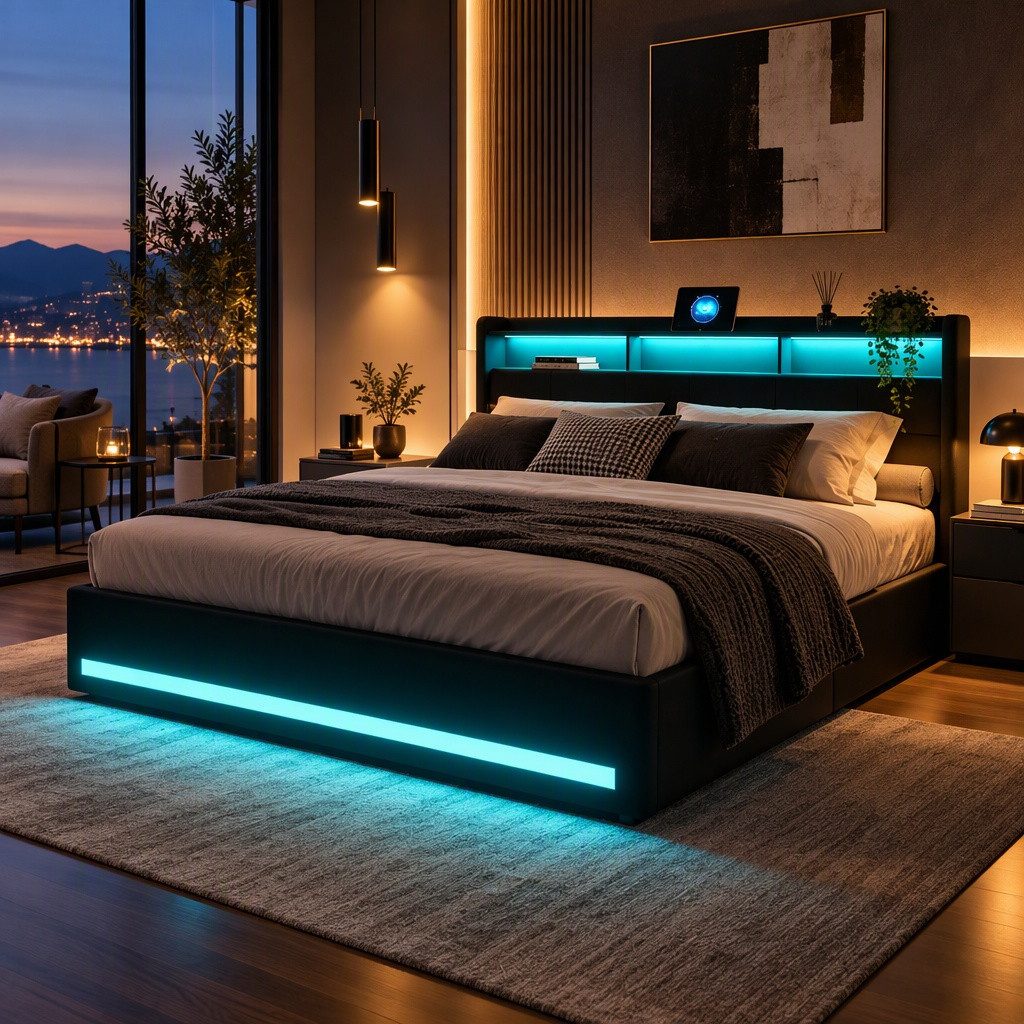 PXloue Polsterbett LED Doppelbett Stauraumbett, mit USB-Laden und Stauraum am Kopfteil,Leinen,140x200 cm