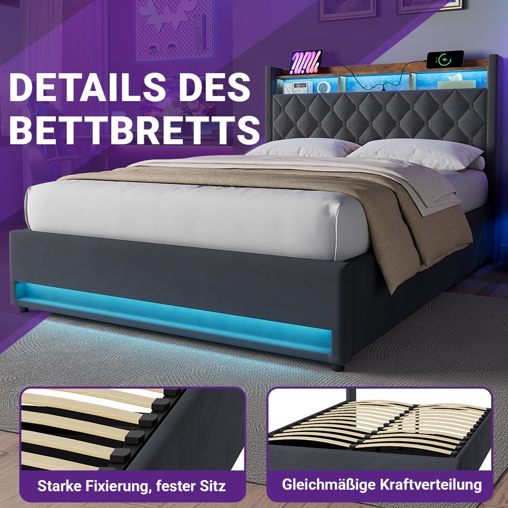 REDOM Polsterbett mit Premium-Samt – Stabil, Komfortabel, Zeitlos (Robuster Holz-Eisen-Rahmen • Atmungsaktiver Schaum • Inklusive Lattenrost, 1-tlg), Mit LED-Lichtleiste und USB-Aufladung