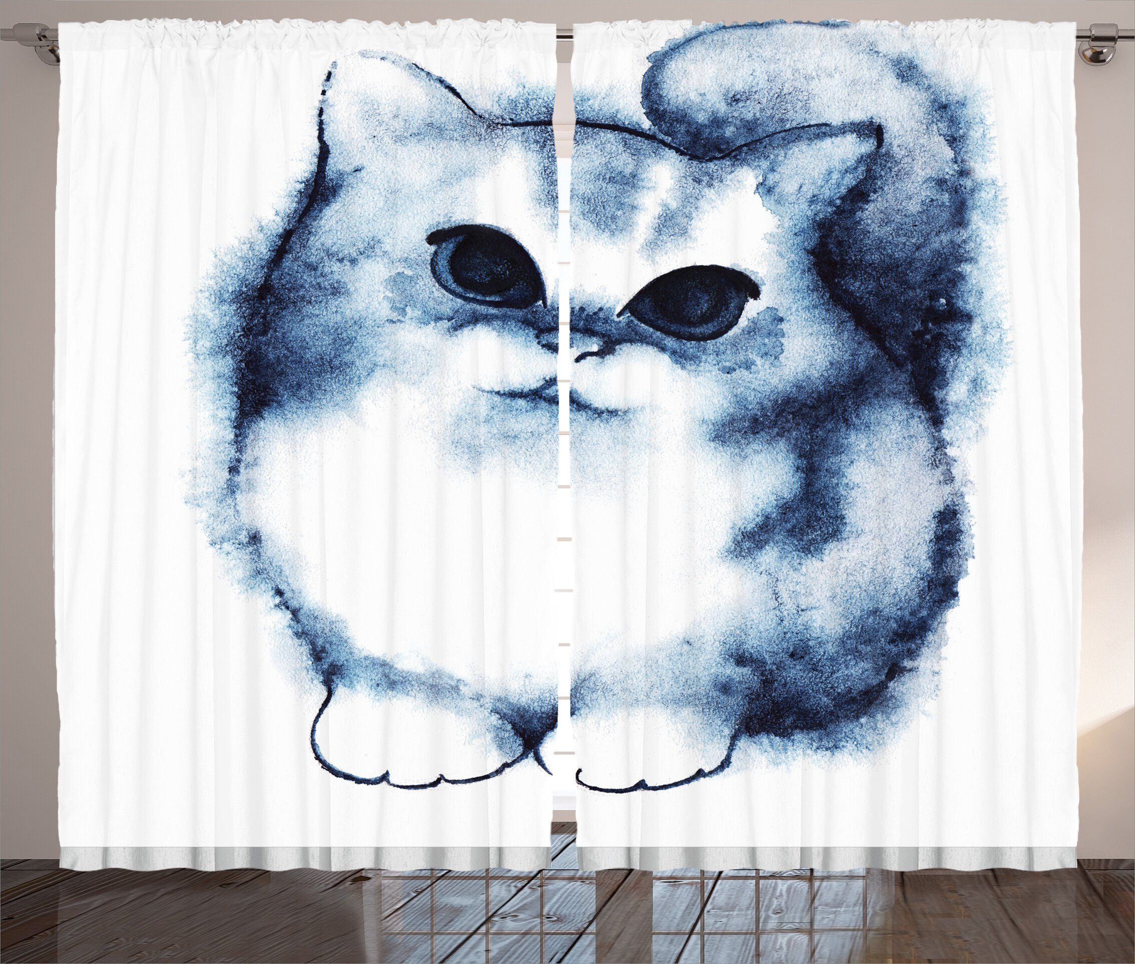 Gardine Schlafzimmer Kräuselband Vorhang mit Schlaufen und Haken, Abakuhaus, Navy blau Katze Kitty Kinder Entwurf