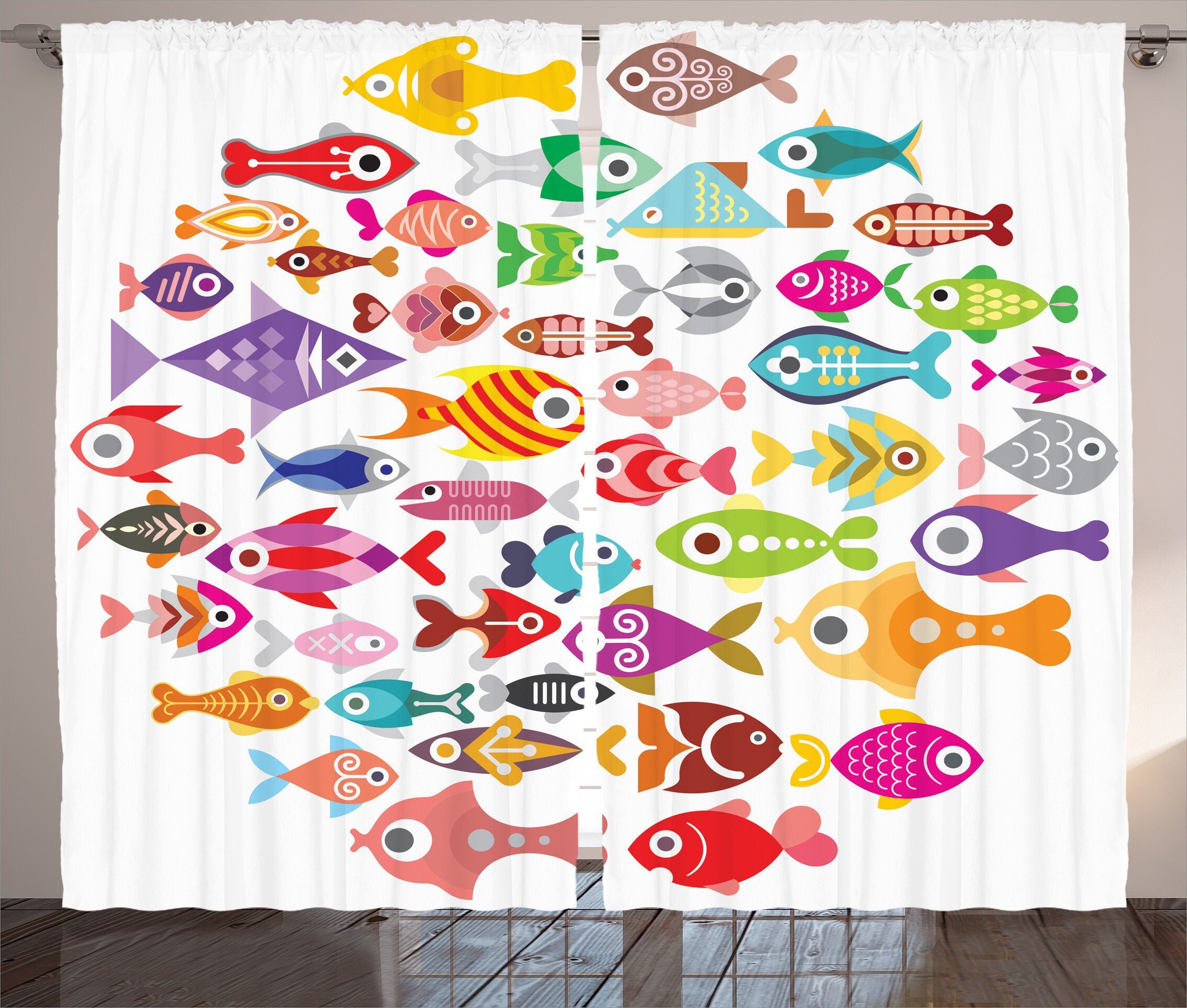 Gardine Schlafzimmer Kräuselband Vorhang mit Schlaufen und Haken, Abakuhaus, Fisch Bunte Aquarium Fische