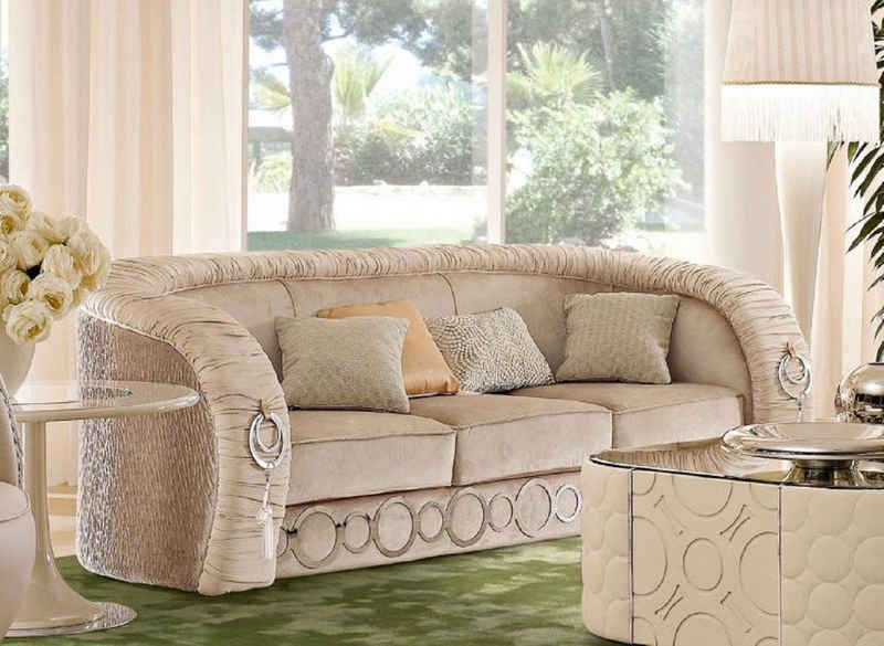 Casa Padrino Sofa Luxus Sofa mit Metall Ornamenten Beige / Silber 260 x 103 x H. 80 cm - Luxus Wohnzimmer & Hotel Möbel - Erstklassische Qualität - Made in Italy