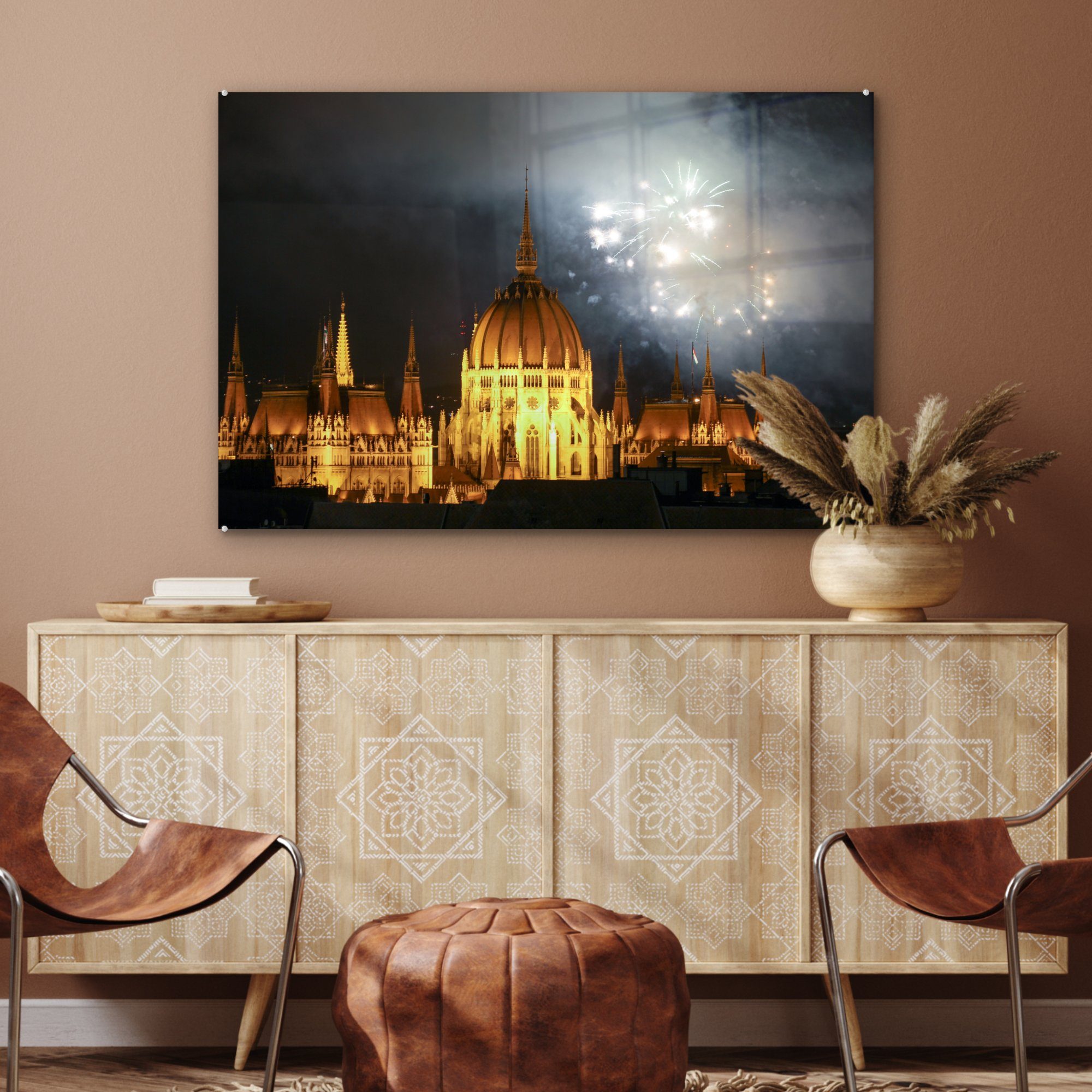 Parlamentsgebäude Acrylglasbilder Schlafzimmer St), ungarischen & der Nacht, Feuerwerk am Acrylglasbild Wohnzimmer (1 MuchoWow in