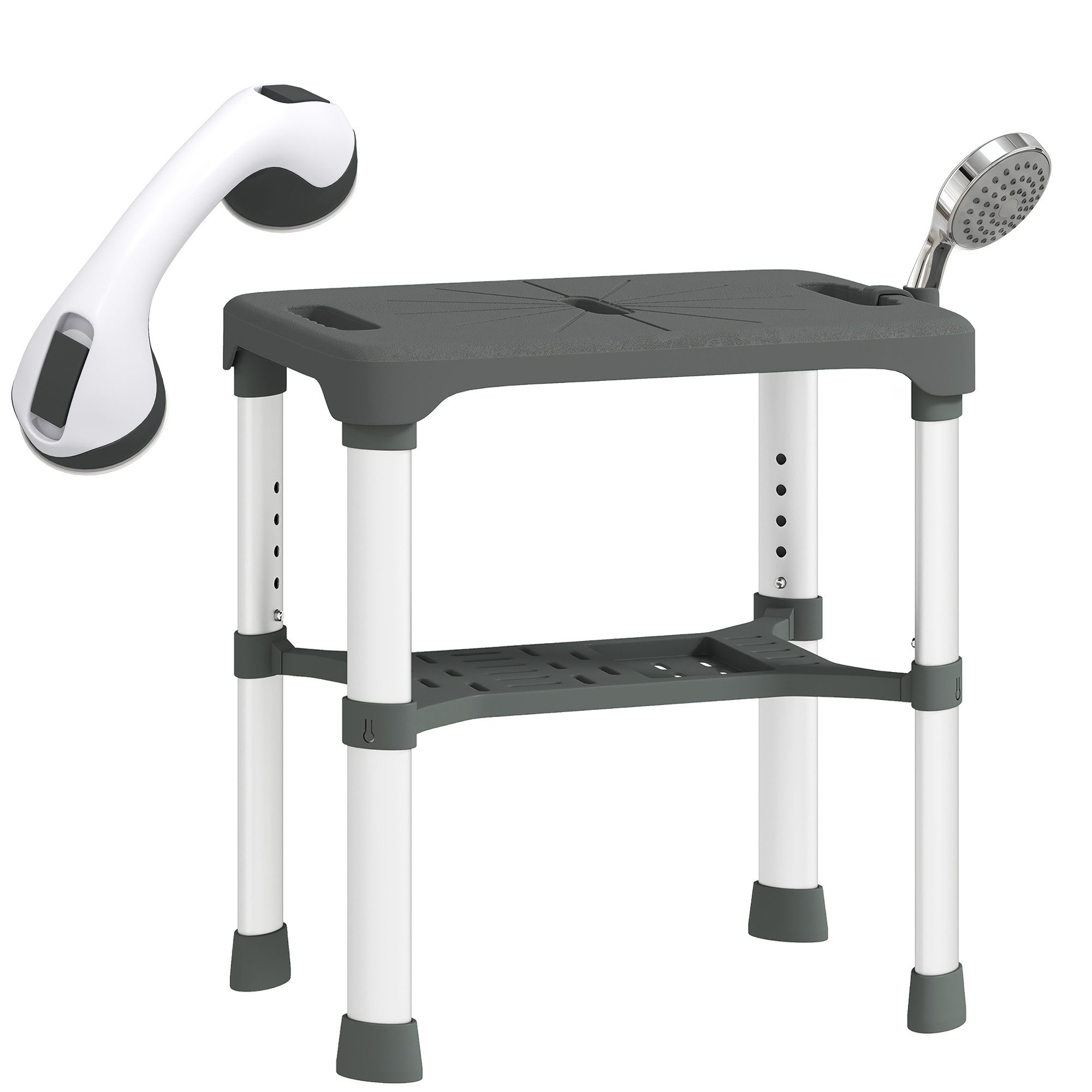 Fyrove Duschhocker höhenverstellbar mit Ablage & Sauggriff, für Senioren, Aluminium, 150 kg, 39-49 cm, Grau