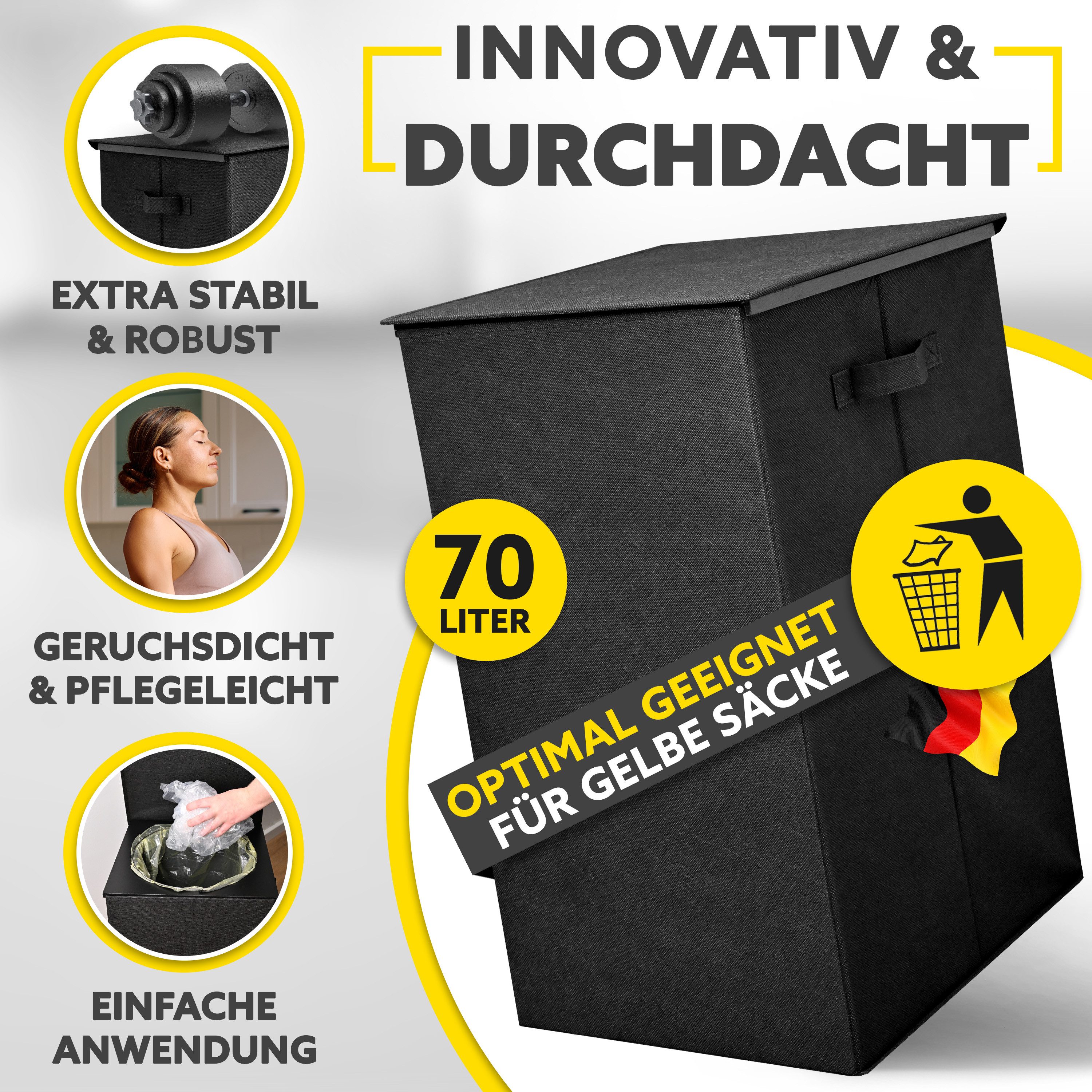 HANDFILL Flaschensammler Müllsackständer 70L mit Deckel Stoffumrandung Wäschekorb (Einzel Müllsackständer Set mit Deckel und Stoffumrandung, Müllsackständer mit Stoffbezug Deckel und Gestell 70 Liter), Müllsackständer 70L mit Deckel und Stoffumrandung faltbar