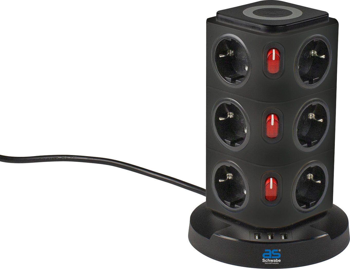 as - Schwabe Tischsteckdosen mit Induktionsladefläche, IP20 Steckdosenleiste 12-fach (Ein- / Ausschalter, USB-Anschlüsse, Schalterbeleuchtung, Schutzkontaktstecker, Kabellänge 1,5 m), mit erhöhtem Berührungsschutz und Schalter