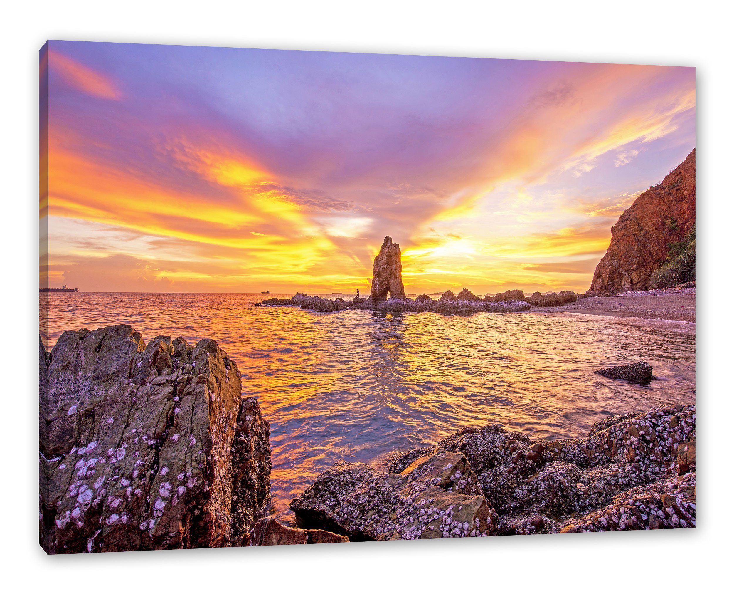 Sonnenuntergang Leinwandbild Zackenaufhänger mit St), bespannt, Leinwandbild Küstenlinie Küstenlinie Pixxprint inkl. (1 mit Sonnenuntergang, fertig
