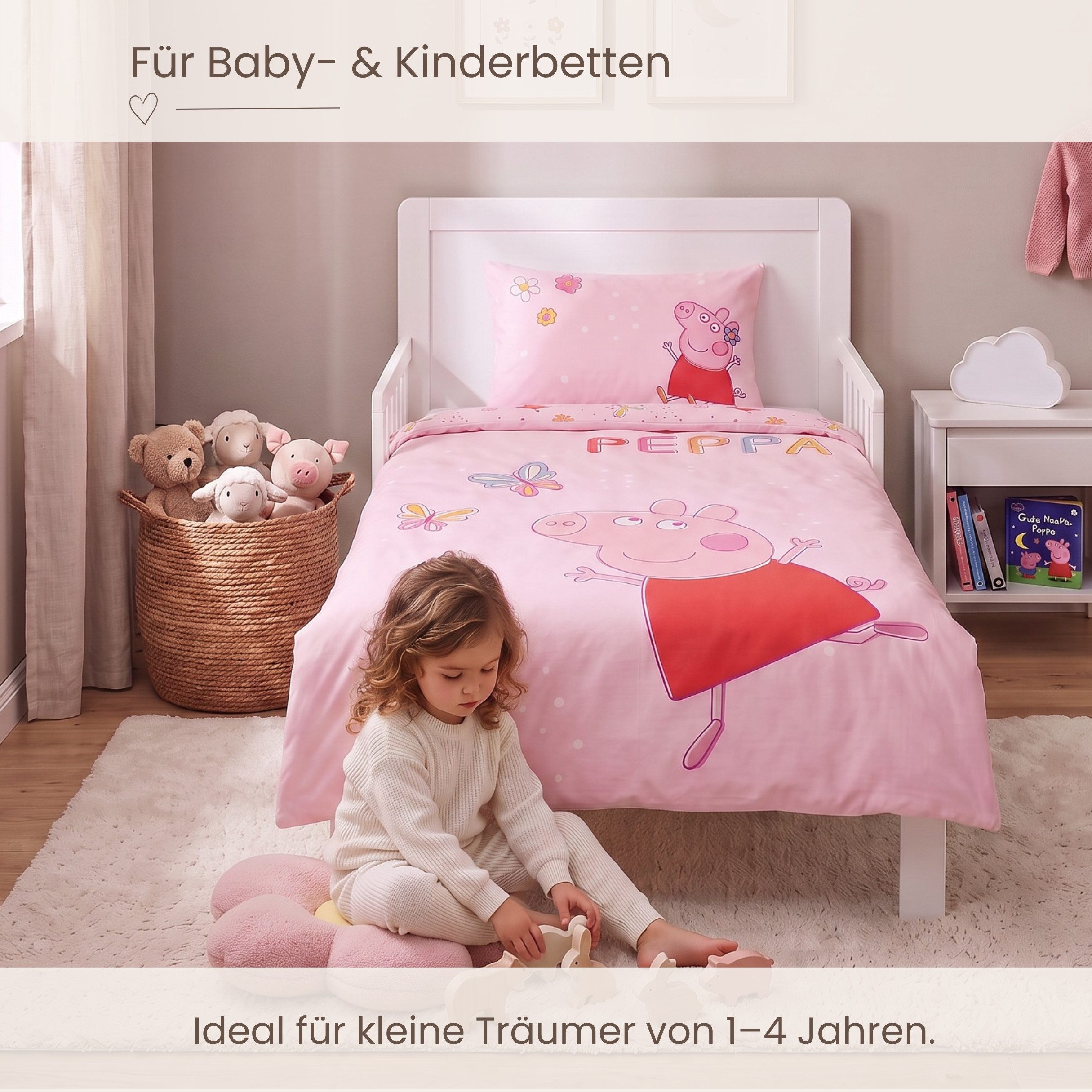 MTOnlinehandel Kinderbettwäsche Peppa Pig 100x135 + 40x60 cm, 100 % Baumwolle, 2 teilig, Babybettwäsche, Wende-Motiv mit Peppa Wutz, Schmetterling, rosa