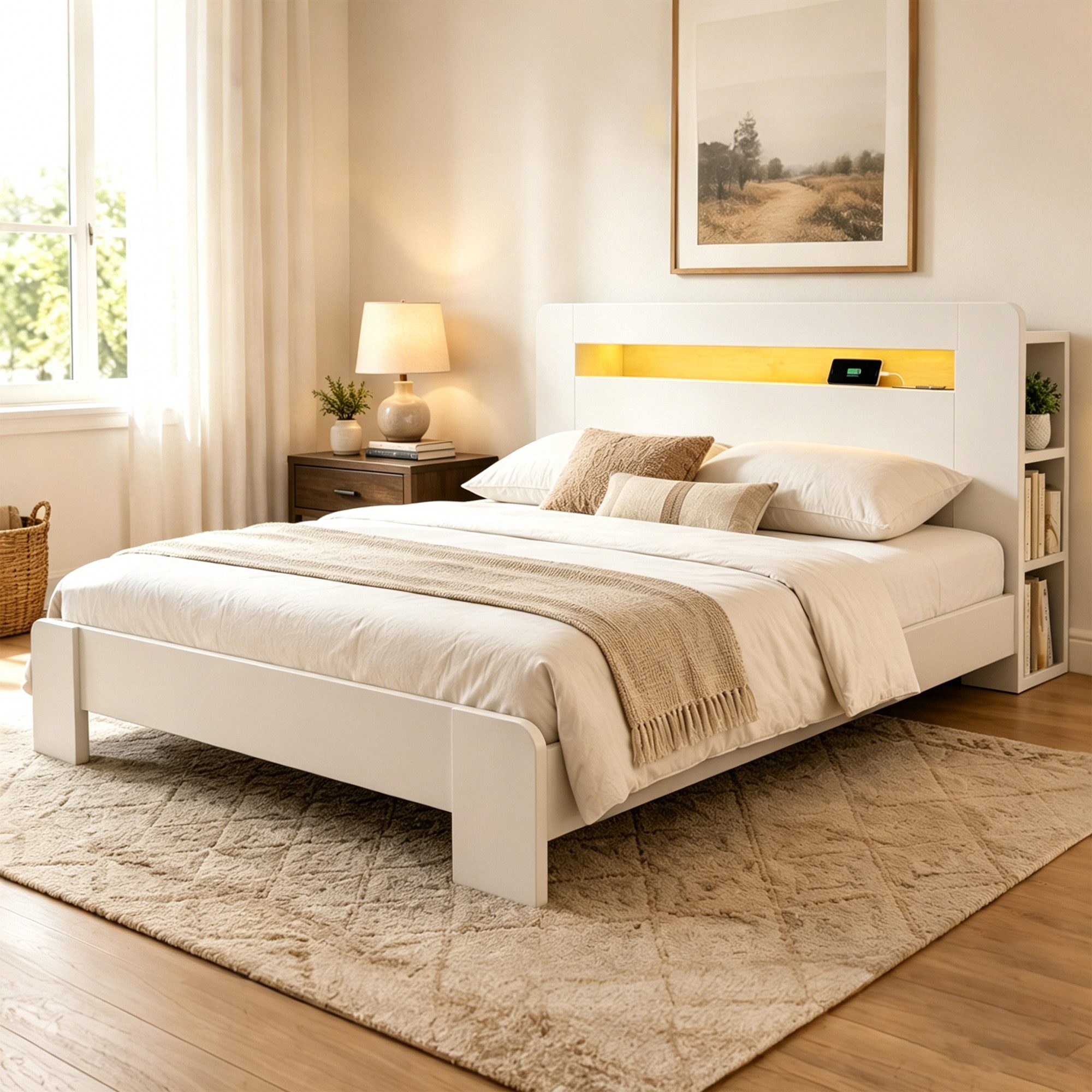 STILVORA Bettgestell 140×200 in Vintage-Holz Jugendbett Plattformbett ohne Matratze (LED-Beleuchtung, Steckdosen, Stauraum, Holz, Vintage-Holzoptik, Plattformbett, bequem, mit Kopfteilablage), für Schlafzimmer, Jugendzimmer, Gästezimmer, kleine Räume