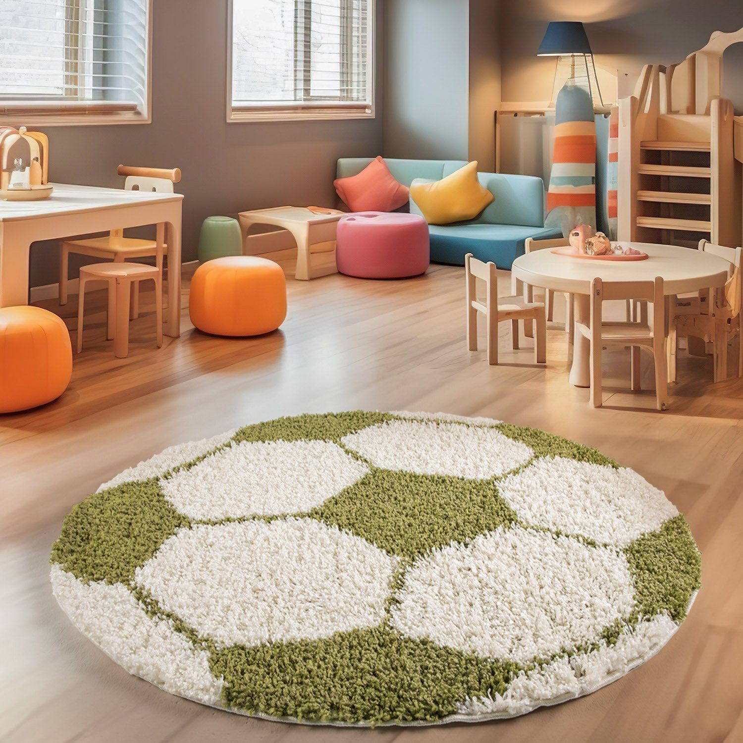 SIMPEX24 Teppich Fußball Design, Rund, Höhe: 30 mm, Kinder Teppich Fußball Form Kinderzimmer Versch. Farben und Größen
